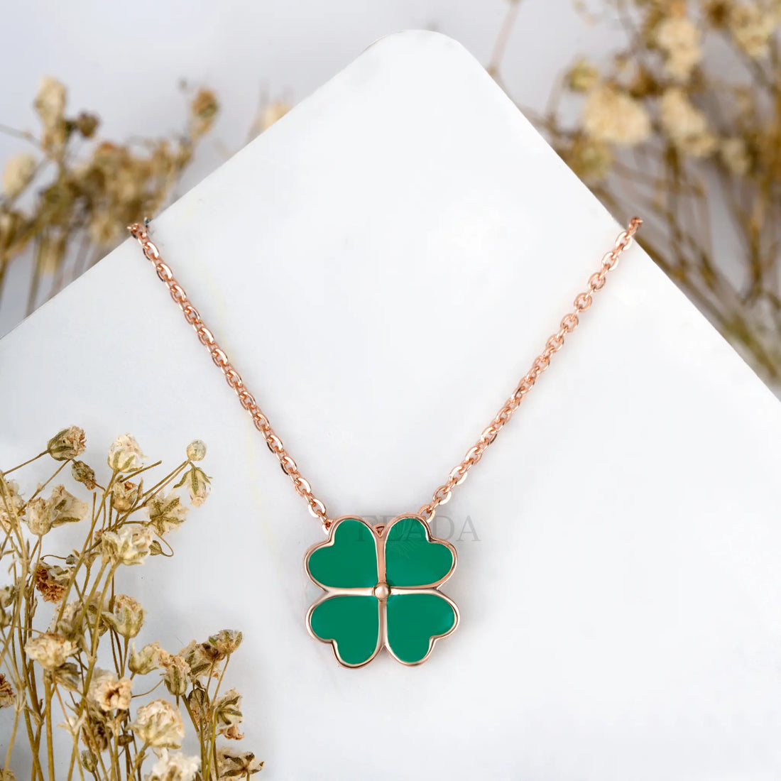Dark Green Enamel Rose Gold Zircon Chain & Pendant