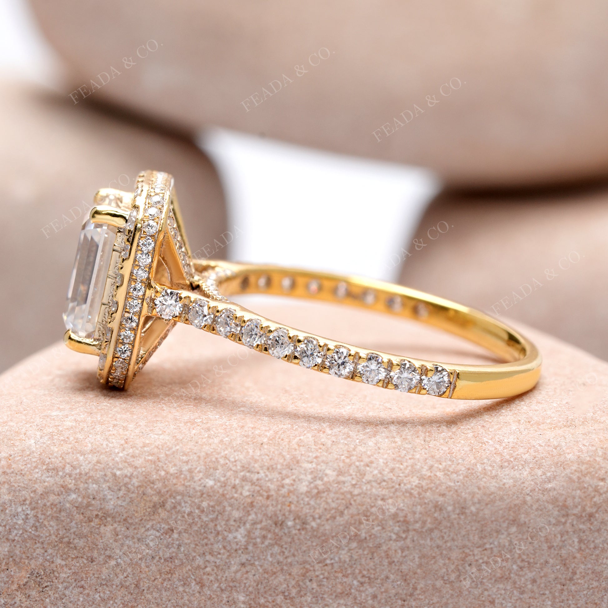 Emerald Cut Diamond Halo Gold Engagement Ring
