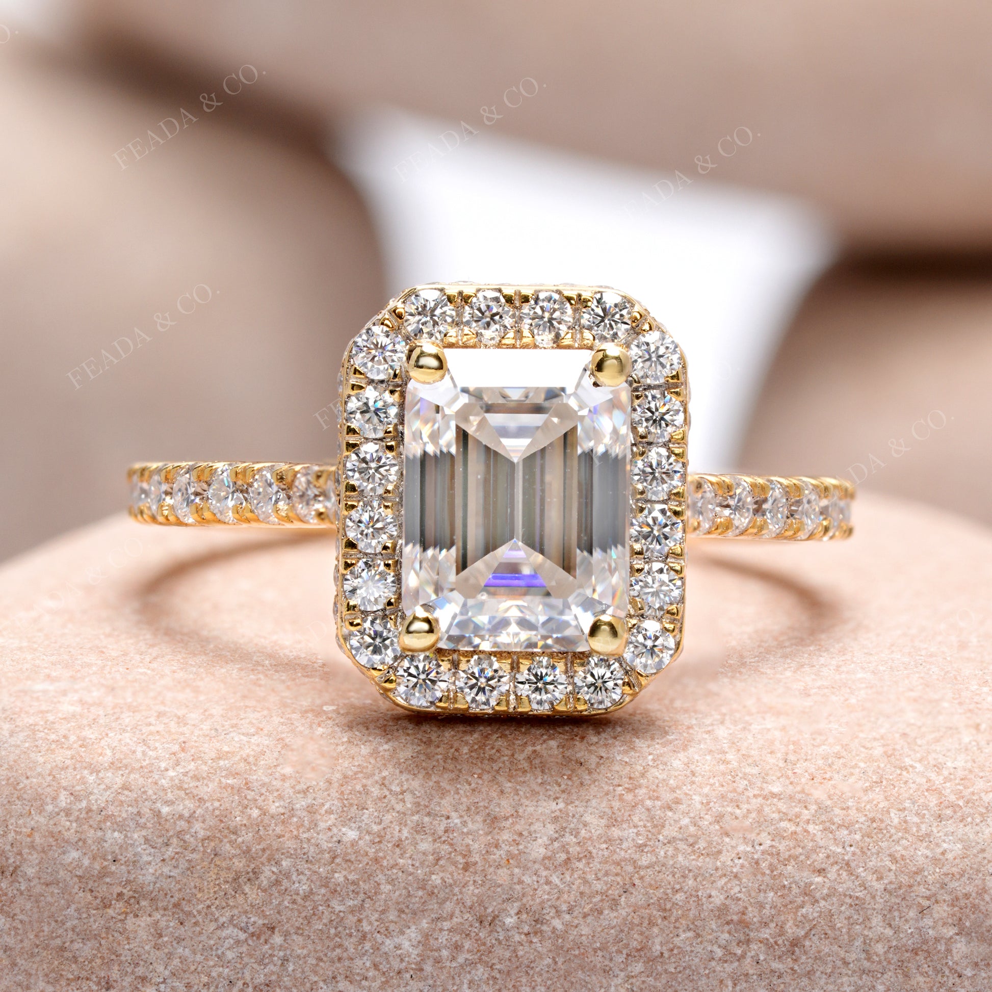 Emerald Cut Diamond Halo Gold Engagement Ring