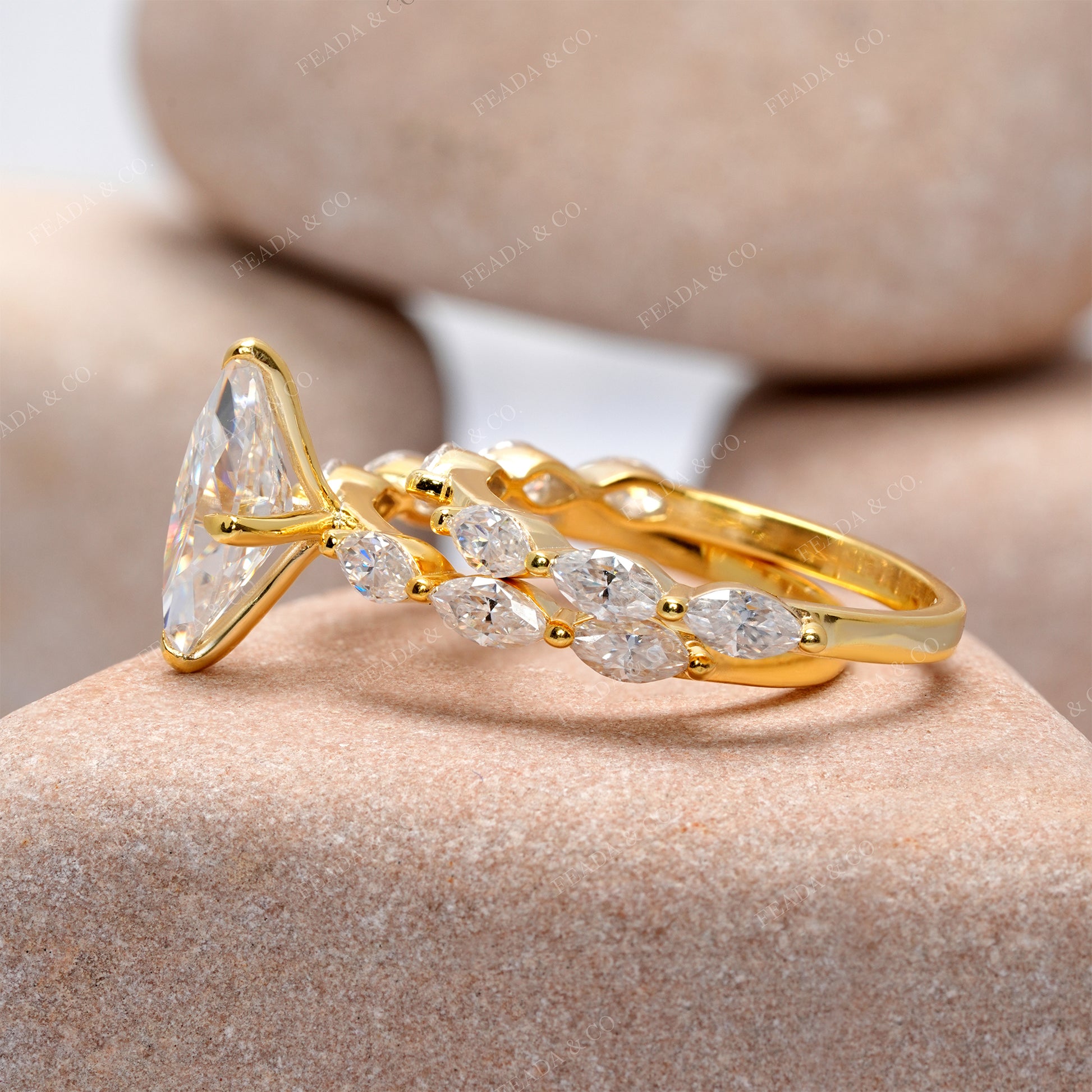 Marquise Cut Diamond Gold Ring with Double Band