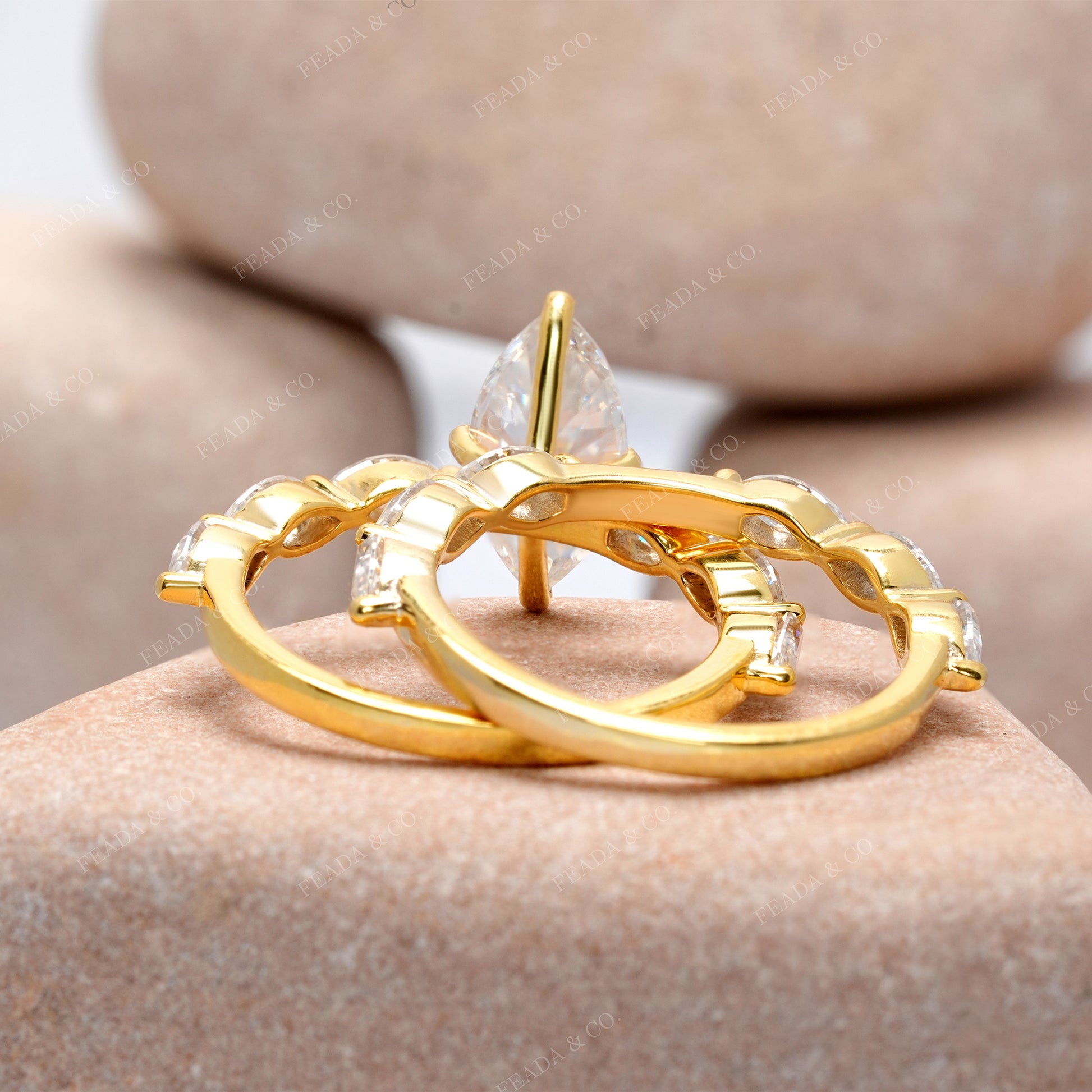 Marquise Cut Diamond Gold Ring with Double Band