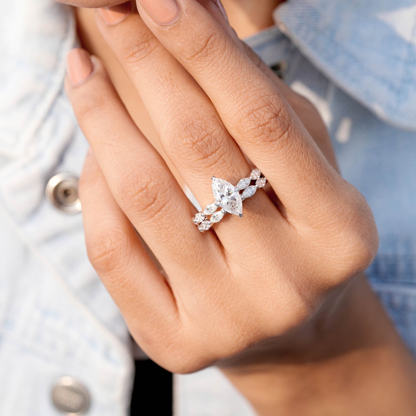 Marquise Cut Diamond Gold Ring with Double Band