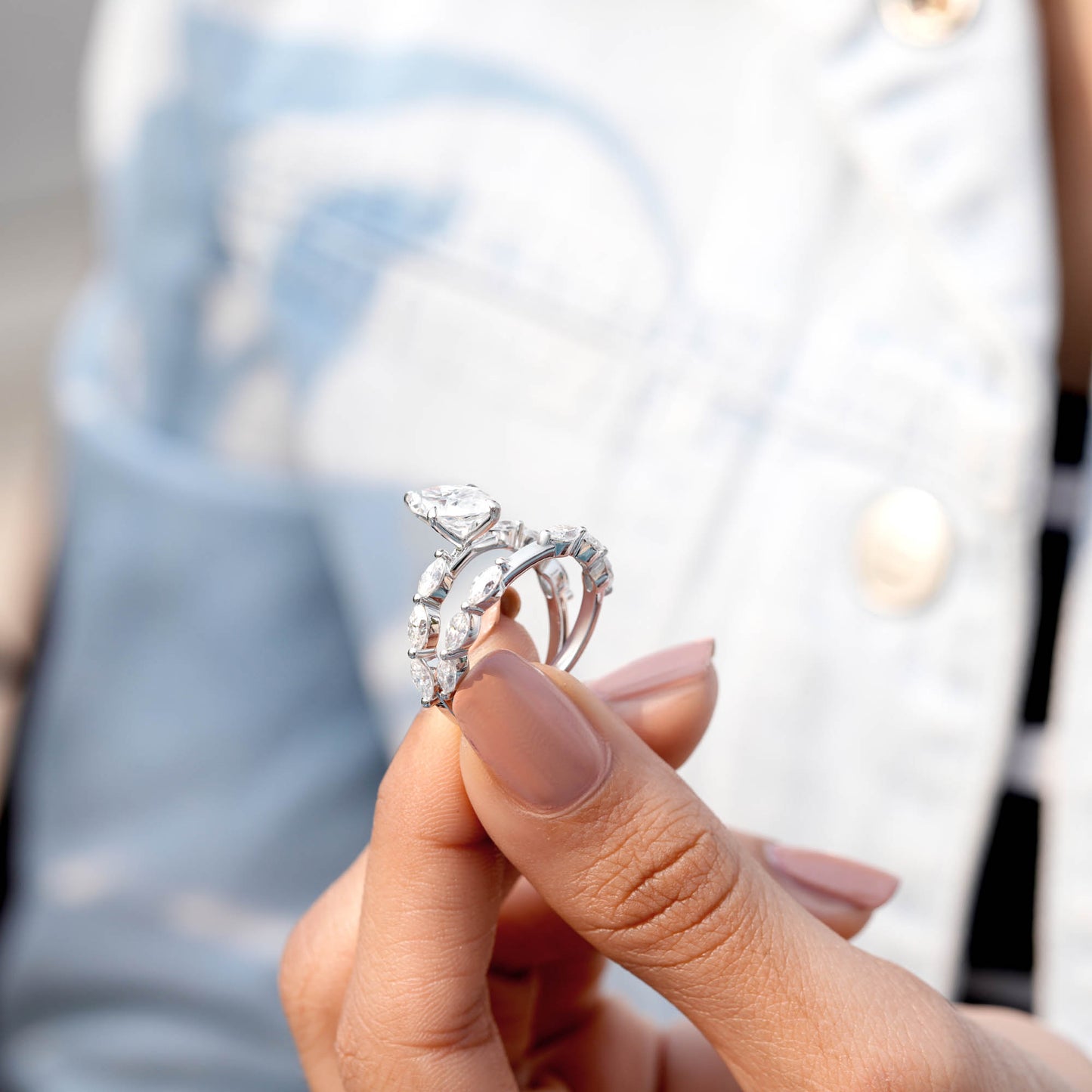 Marquise Cut Diamond Gold Ring with Double Band