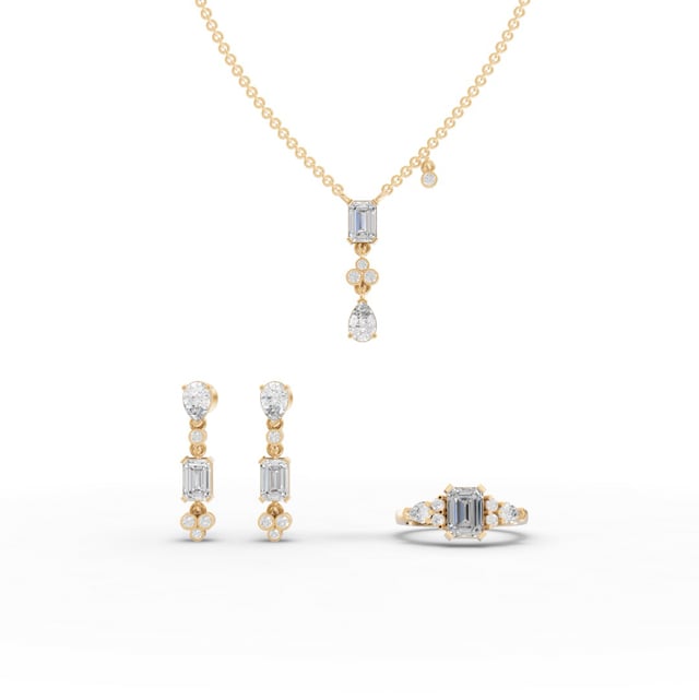 Pear & Emerald Lab Diamond Jewelry Set with Pendant, Earrings & Cluster Ring