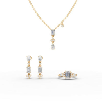 Pear & Emerald Lab Diamond Jewelry Set with Pendant, Earrings & Cluster Ring