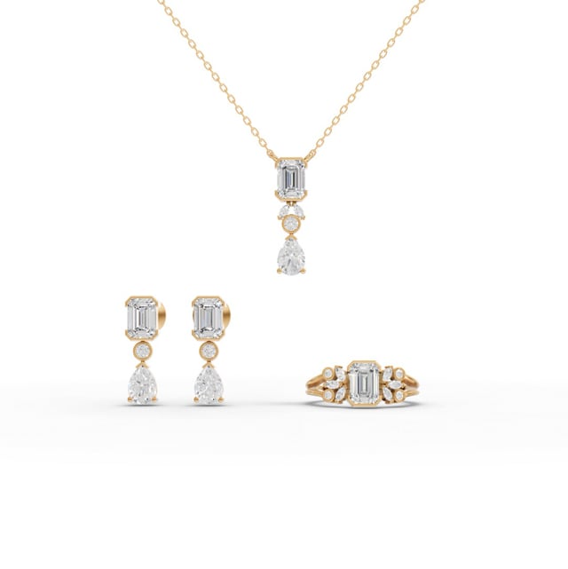 Emerald & Pear Lab Diamond Jewelry Set with Necklace, Earrings & Cluster Ring