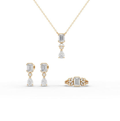 Emerald & Pear Lab Diamond Jewelry Set with Necklace, Earrings & Cluster Ring
