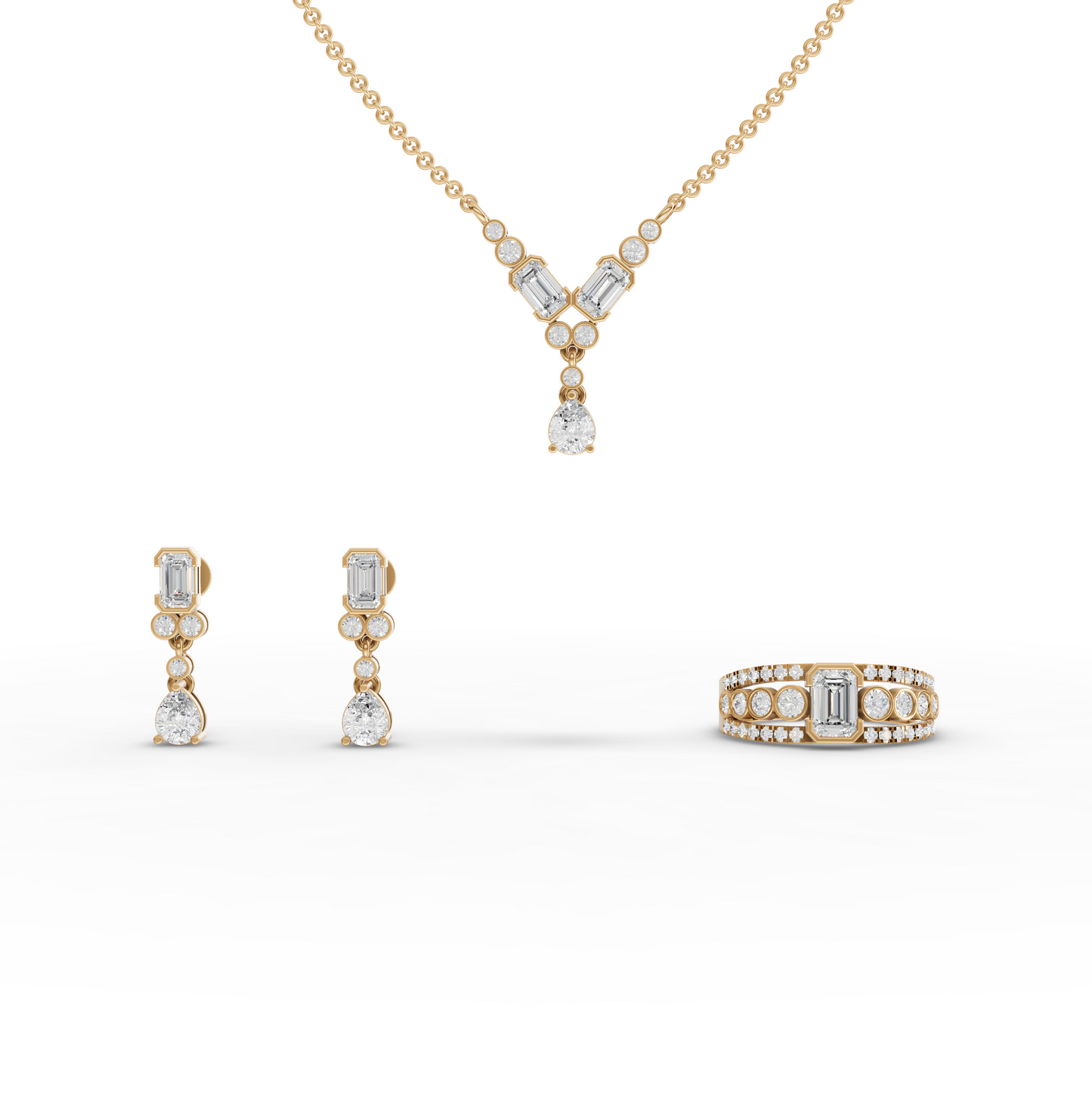 Graduated Bezel Lab Diamond Jewelry Set with Pendant, Earrings & Ring