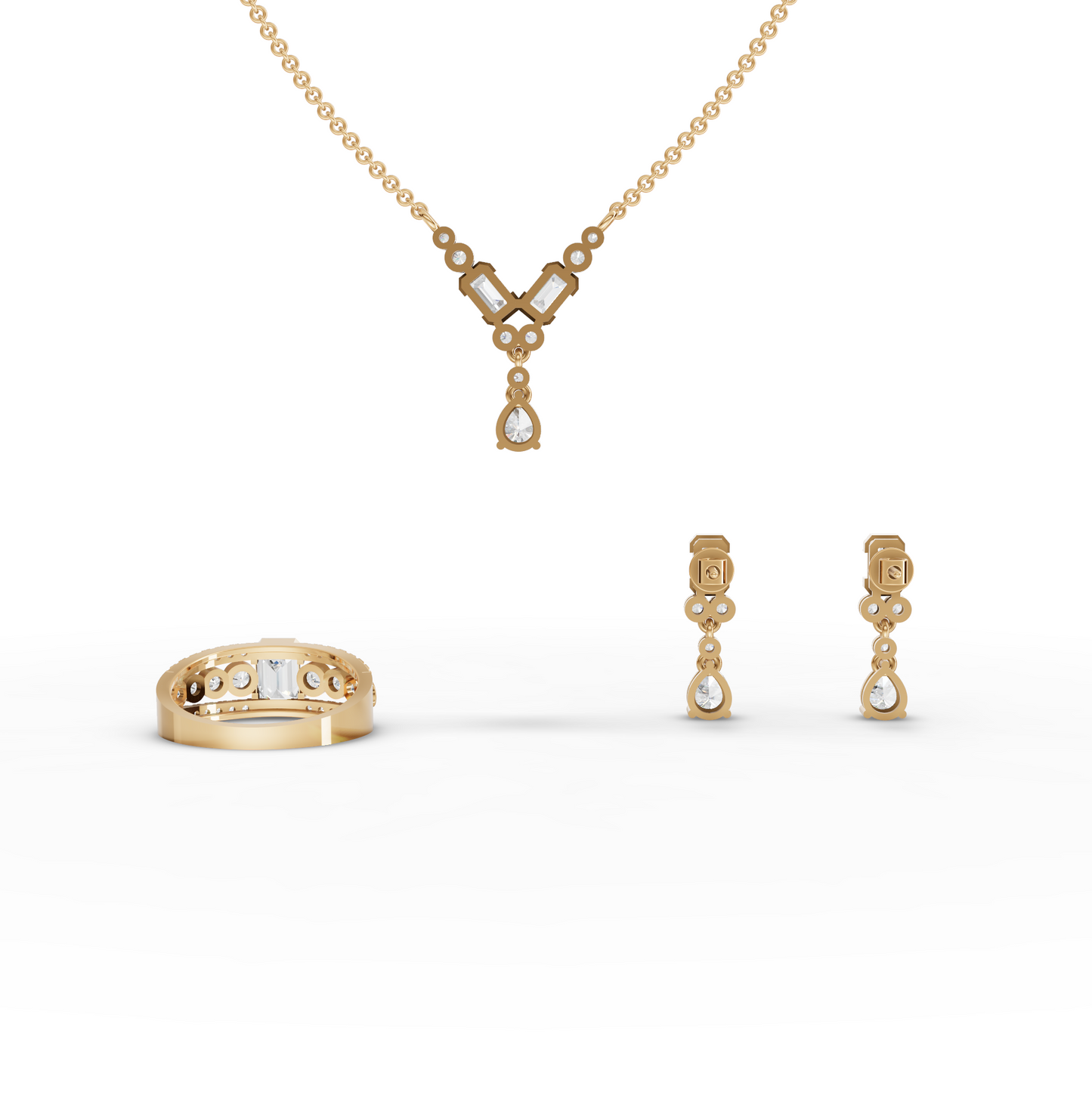 Graduated Bezel Lab Diamond Jewelry Set with Pendant, Earrings & Ring