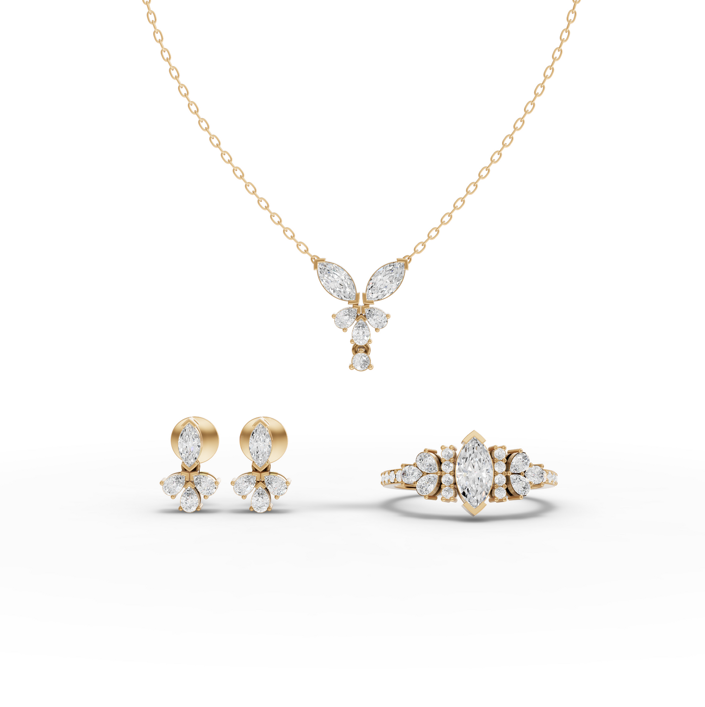 Marquise Lab Diamond Floral Jewelry Set with Pendant, Earrings & Pavé Ring