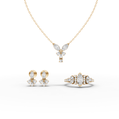 Marquise Lab Diamond Floral Jewelry Set with Pendant, Earrings & Pavé Ring