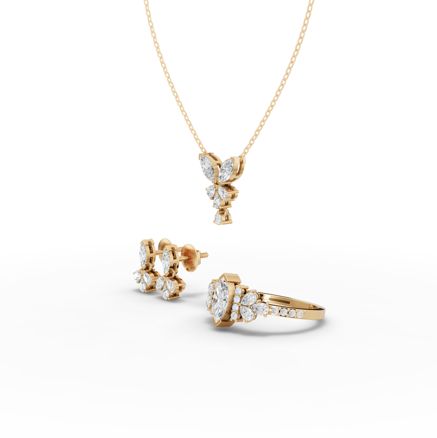 Marquise Lab Diamond Floral Jewelry Set with Pendant, Earrings & Pavé Ring