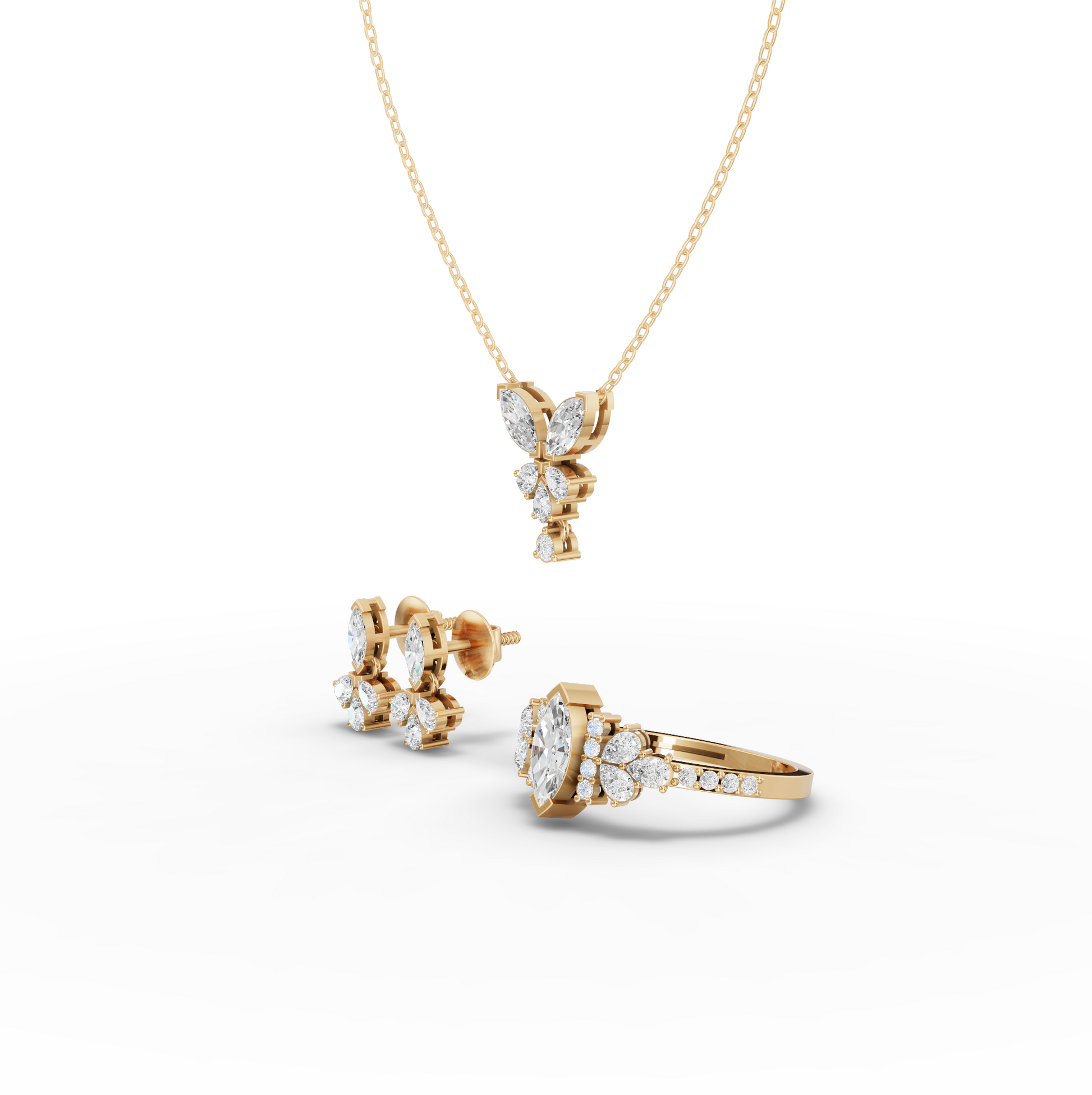 Marquise Lab Diamond Floral Jewelry Set with Pendant, Earrings & Pavé Ring