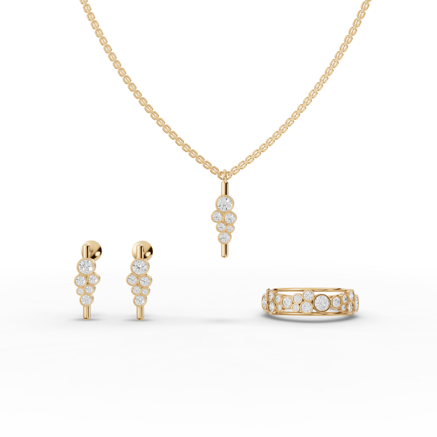 Lab Diamond Cluster Jewelry Set with Pendant, Earrings & Eternity Band