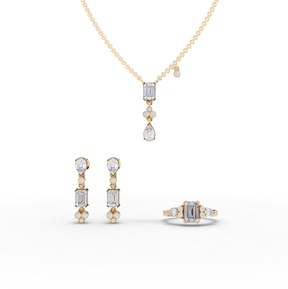 Pear & Emerald Lab Diamond Jewelry Set with Pendant, Earrings & Cluster Ring