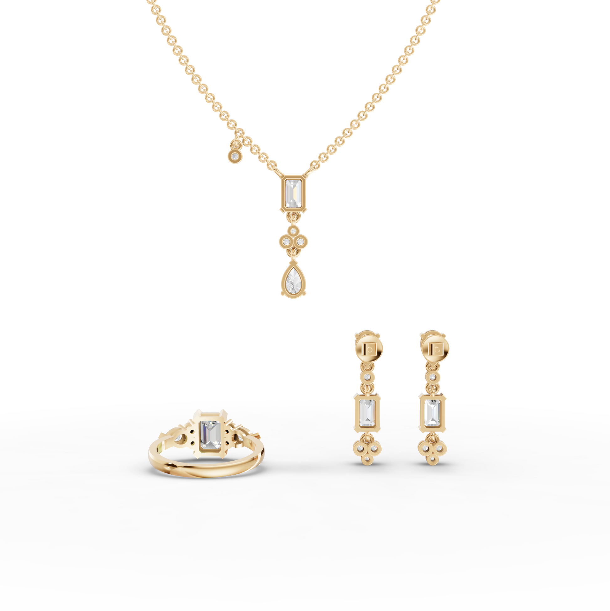 Pear & Emerald Lab Diamond Jewelry Set with Pendant, Earrings & Cluster Ring