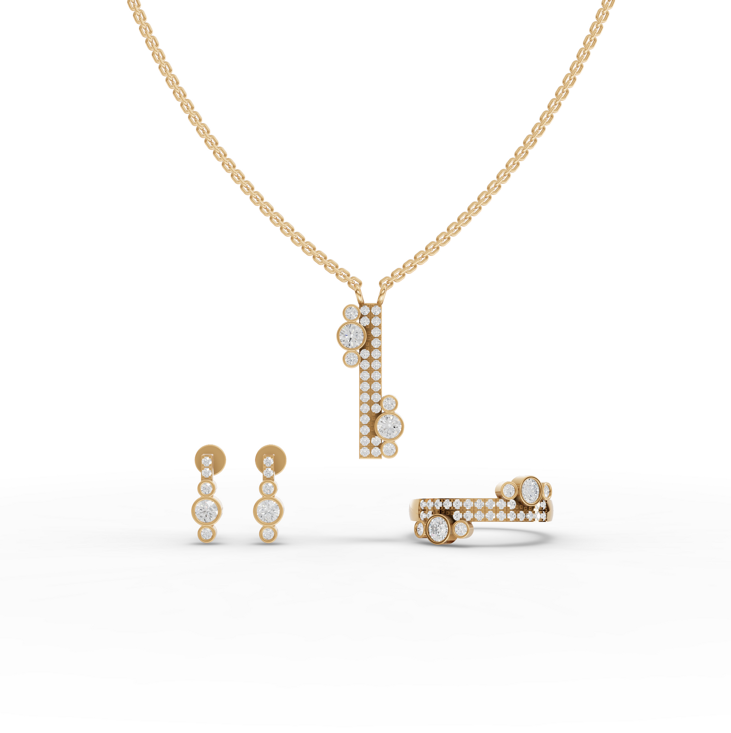Lab Diamond Cluster Jewelry Set with Pendant, Earrings & Eternity Band