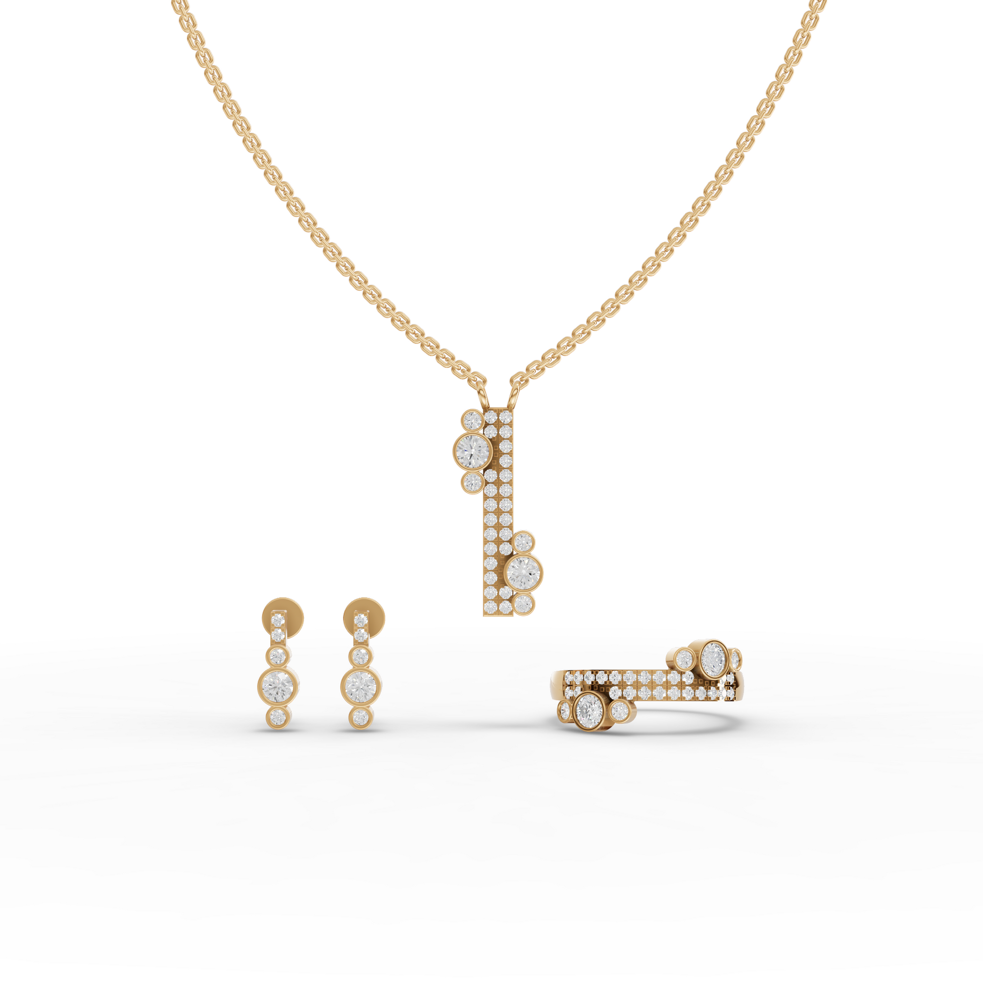 Lab Diamond Cluster Jewelry Set with Pendant, Earrings & Eternity Band