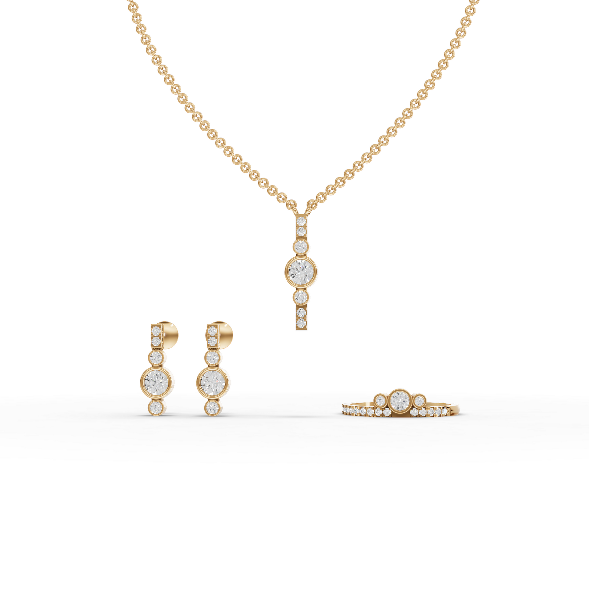 Modern Bezel Lab Diamond Jewelry Set with Pendant, Earrings & Three-Stone Ring