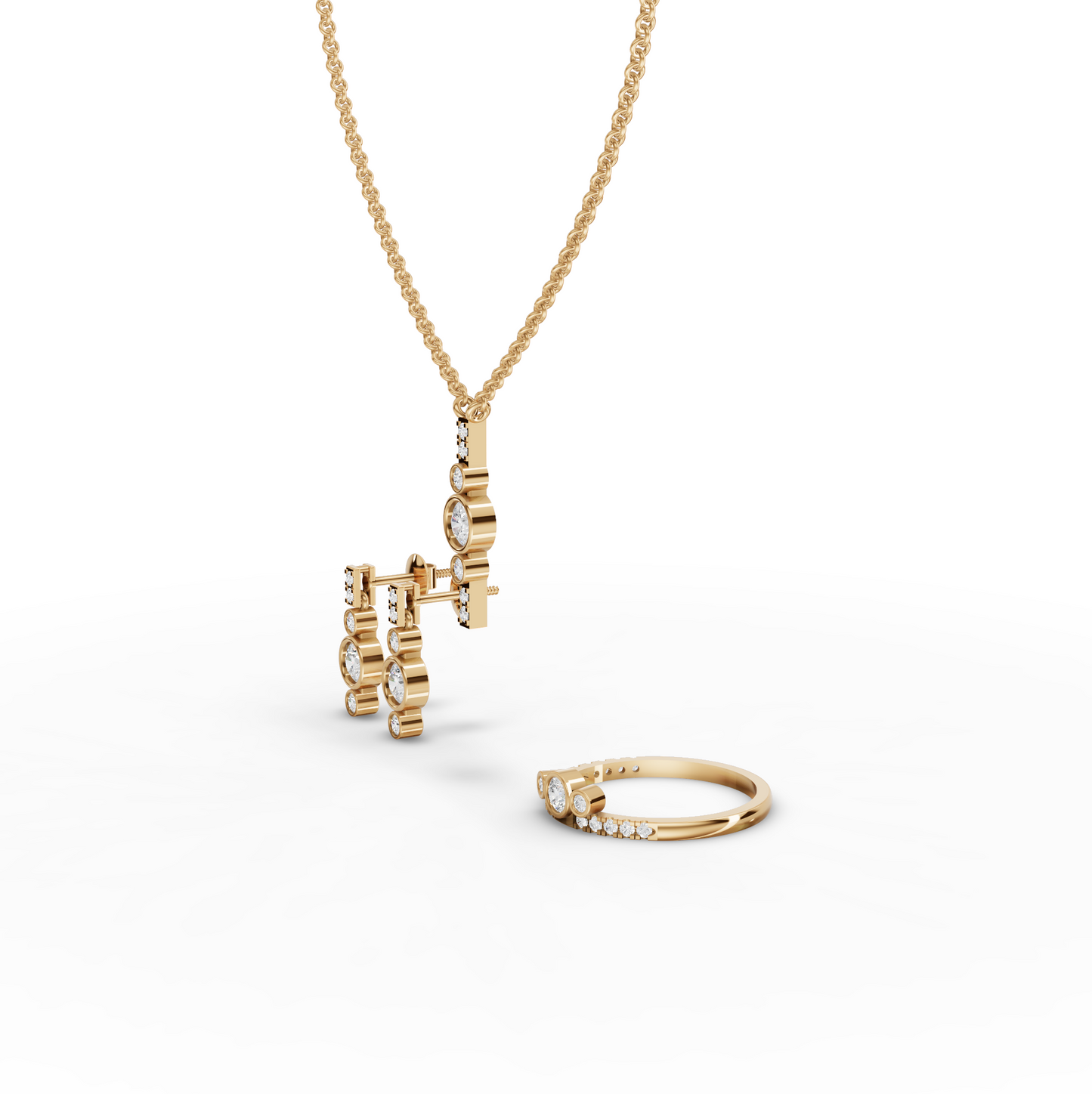 Modern Bezel Lab Diamond Jewelry Set with Pendant, Earrings & Three-Stone Ring