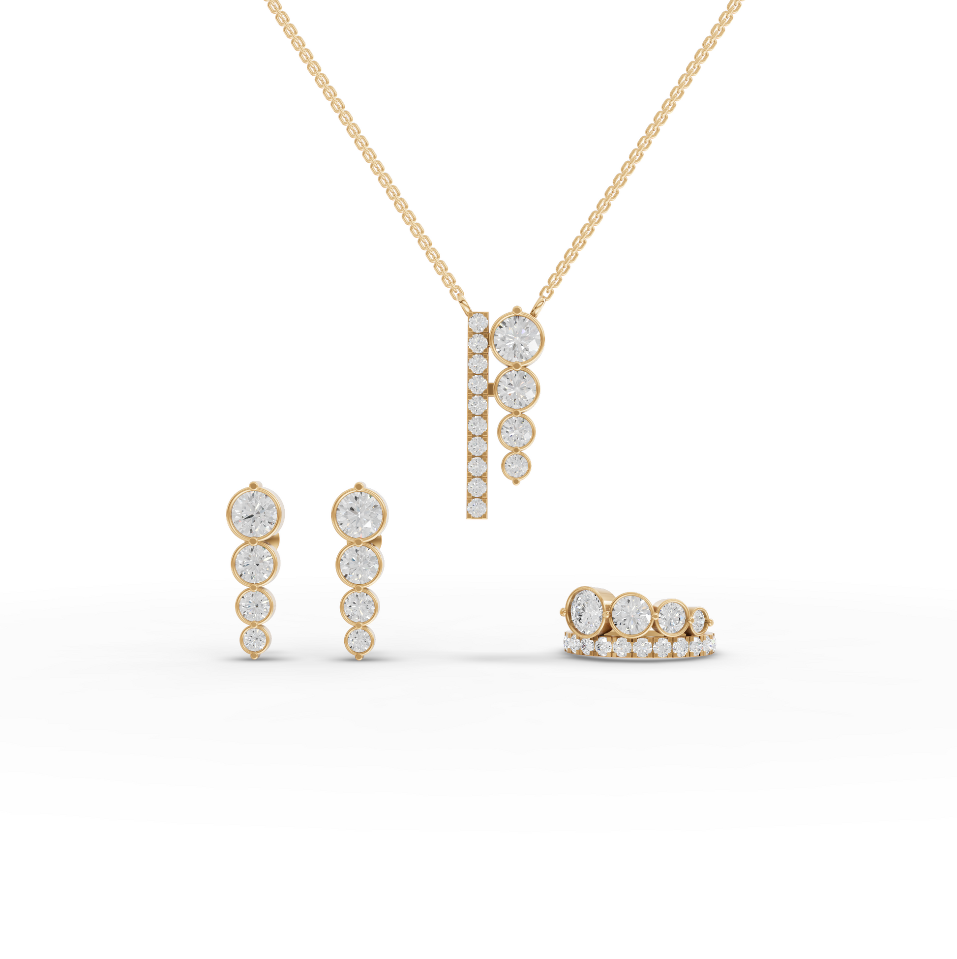 Graduated Bezel Lab Diamond Jewelry Set with Pendant, Earrings & Ring