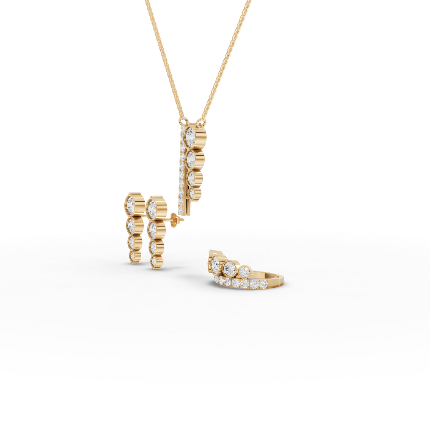 Graduated Bezel Lab Diamond Jewelry Set with Pendant, Earrings & Ring
