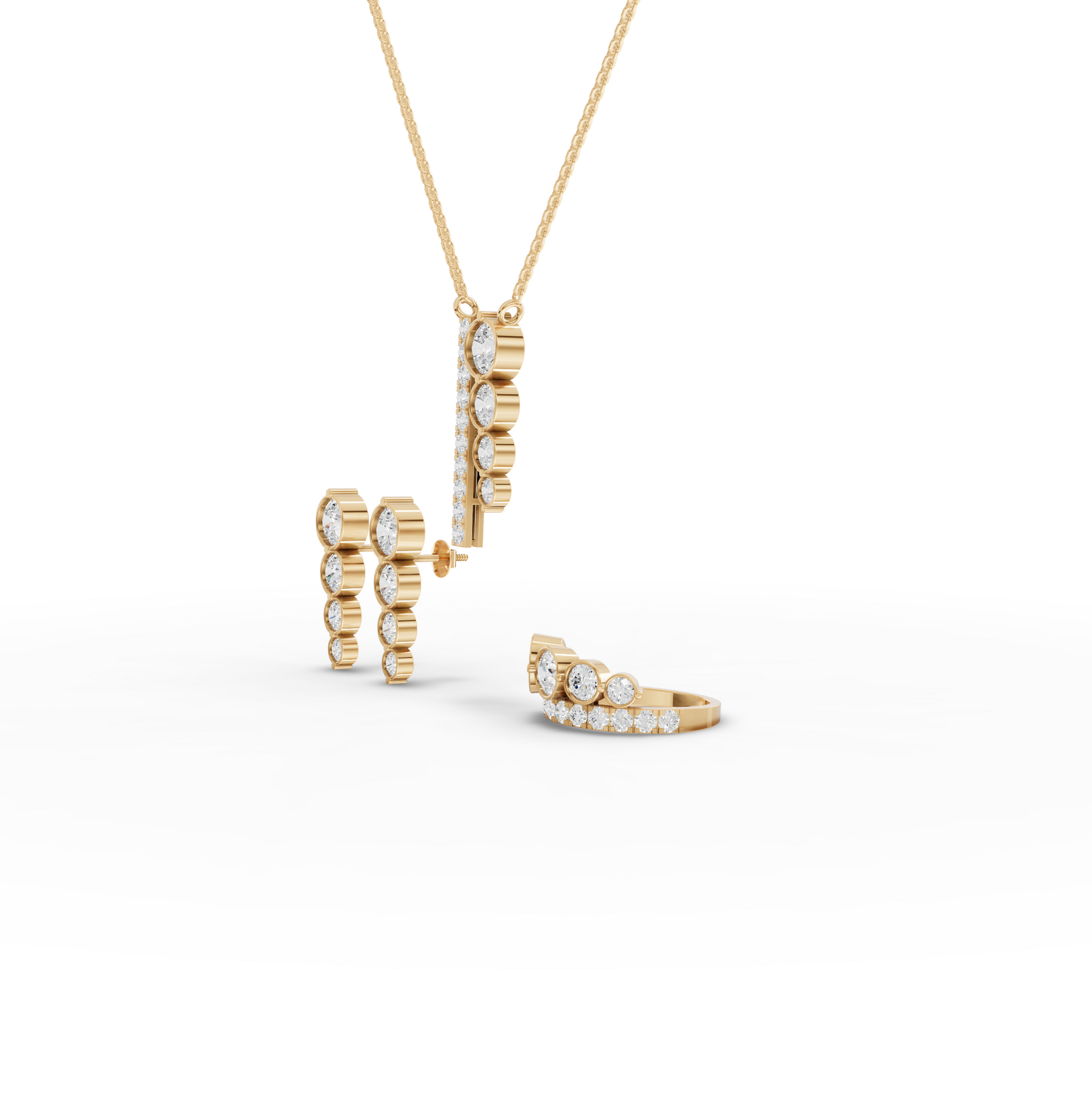 Graduated Bezel Lab Diamond Jewelry Set with Pendant, Earrings & Ring