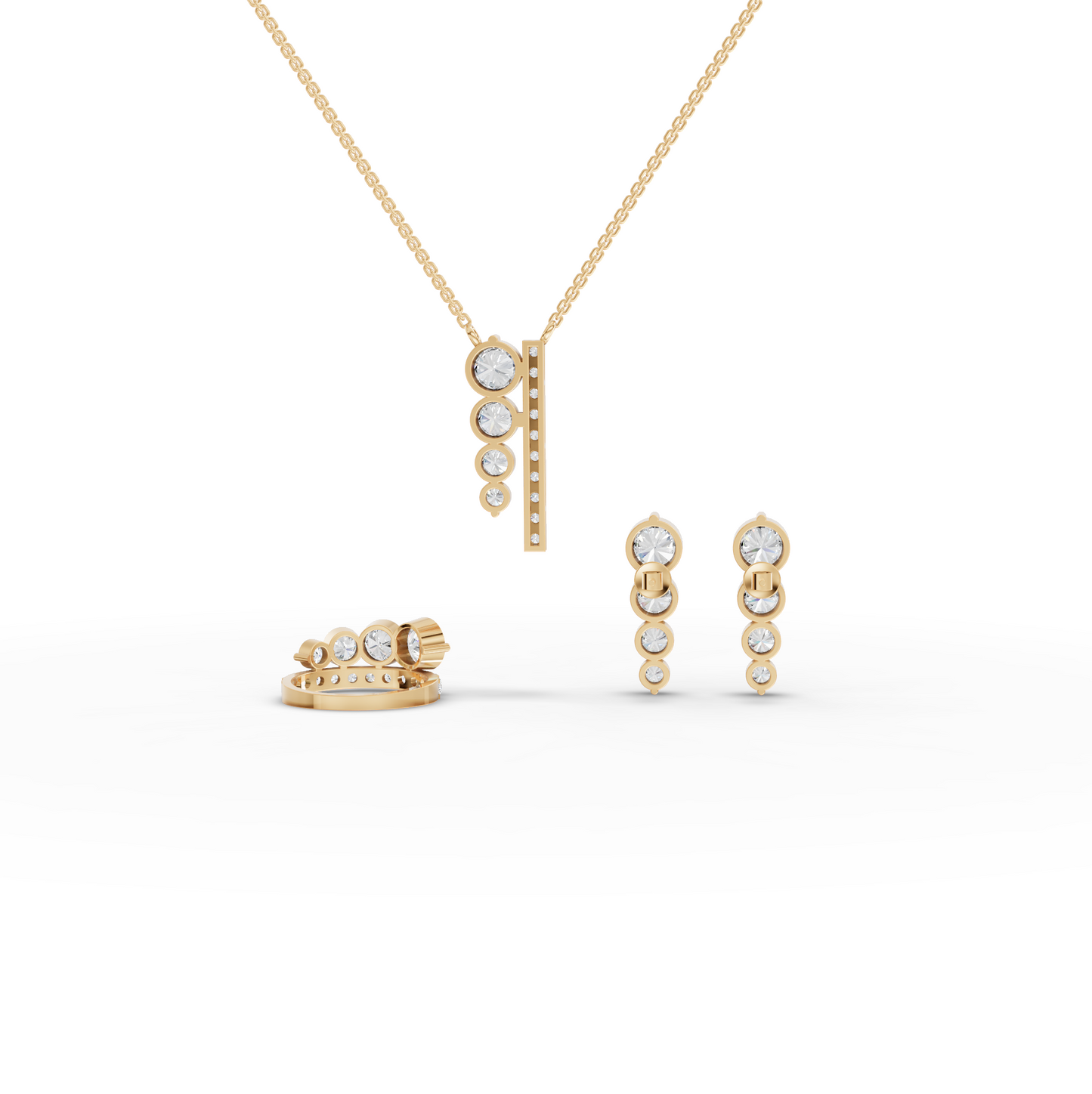 Graduated Bezel Lab Diamond Jewelry Set with Pendant, Earrings & Ring