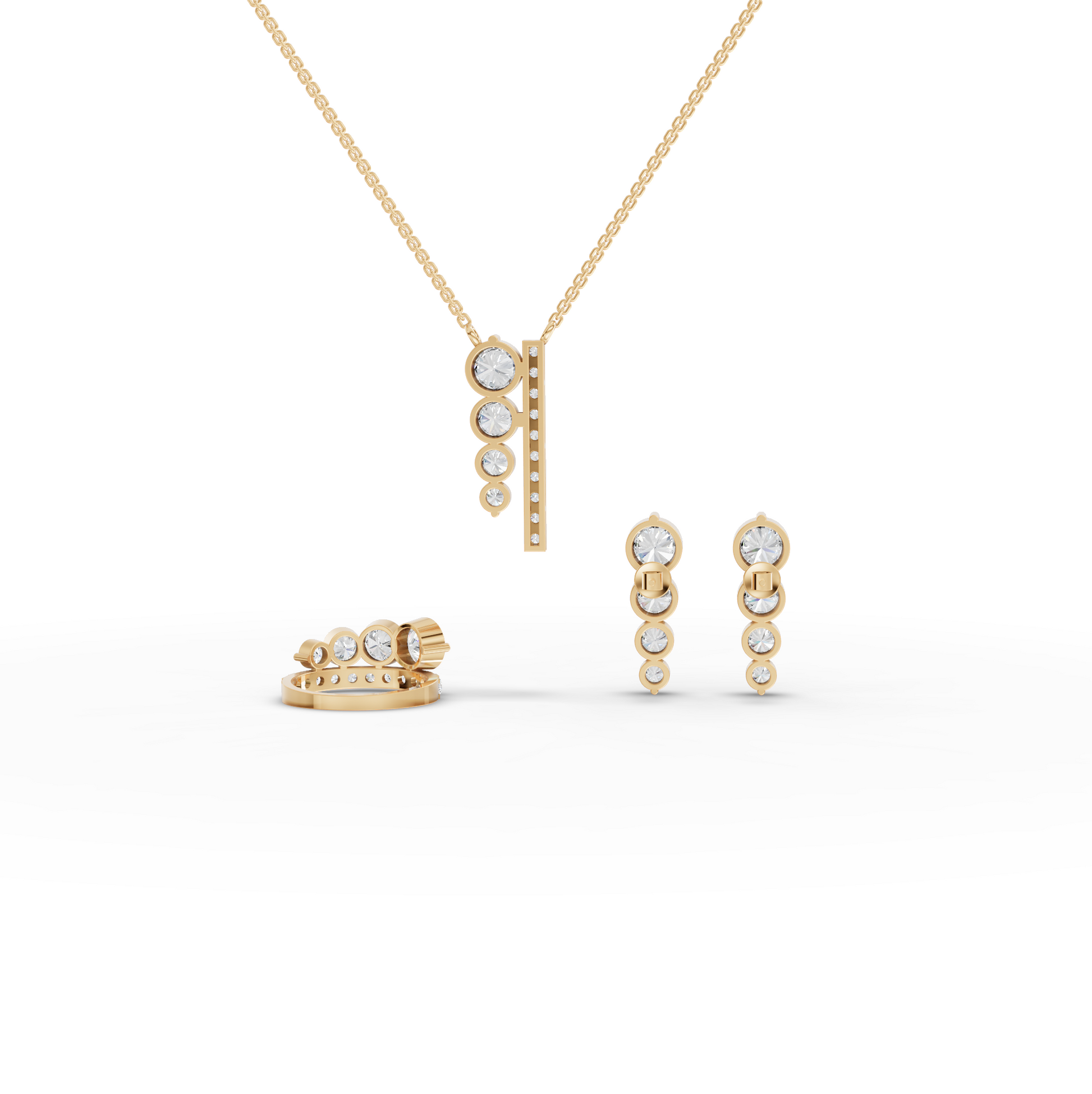 Graduated Bezel Lab Diamond Jewelry Set with Pendant, Earrings & Ring