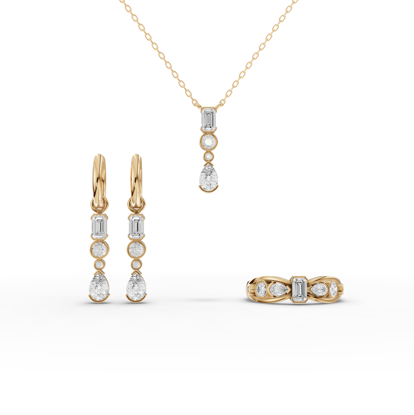 Mixed Shape Lab Diamond Jewelry Set with Emerald Drop Necklace & Earrings