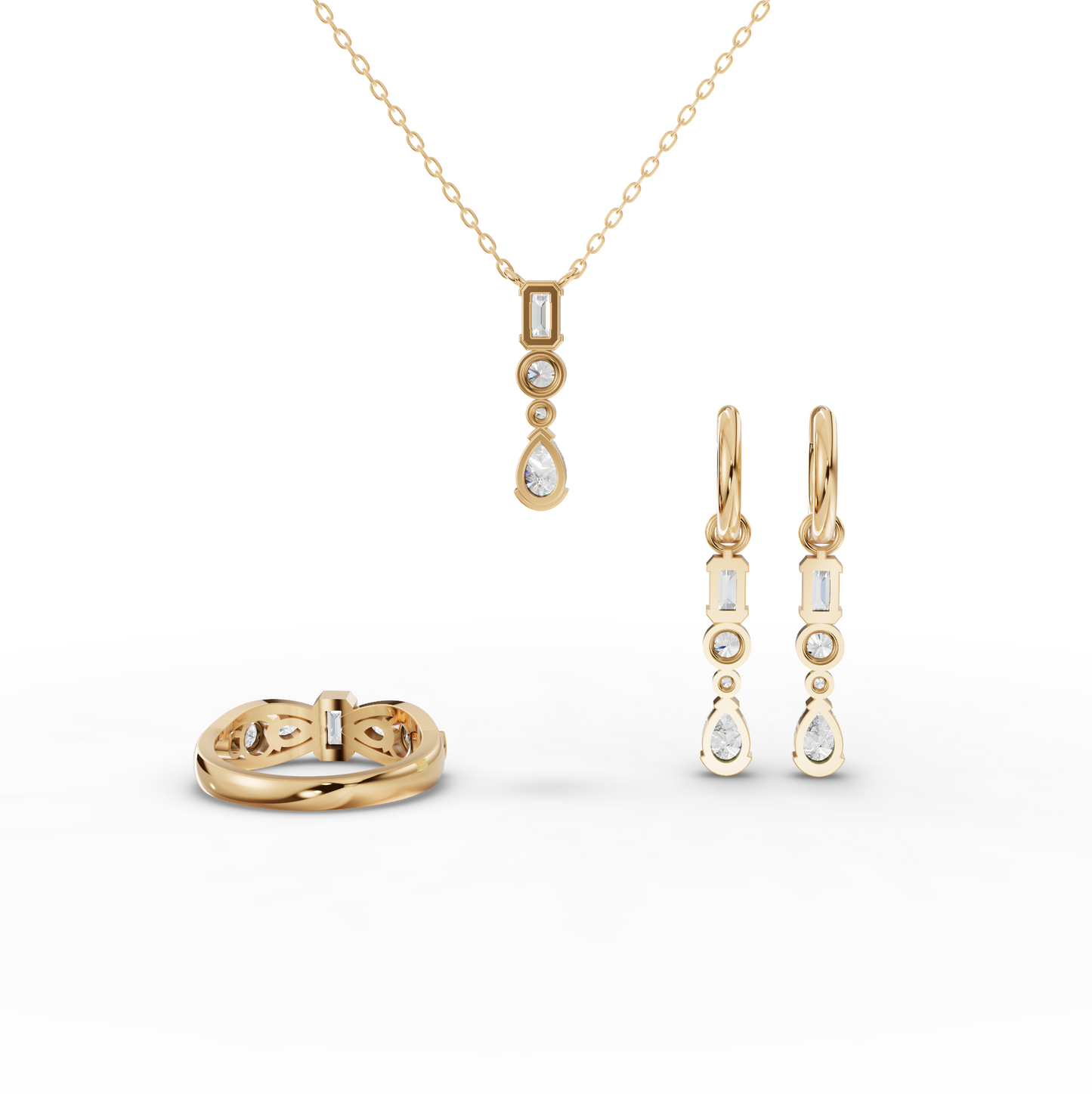 Mixed Shape Lab Diamond Jewelry Set with Emerald Drop Necklace & Earrings
