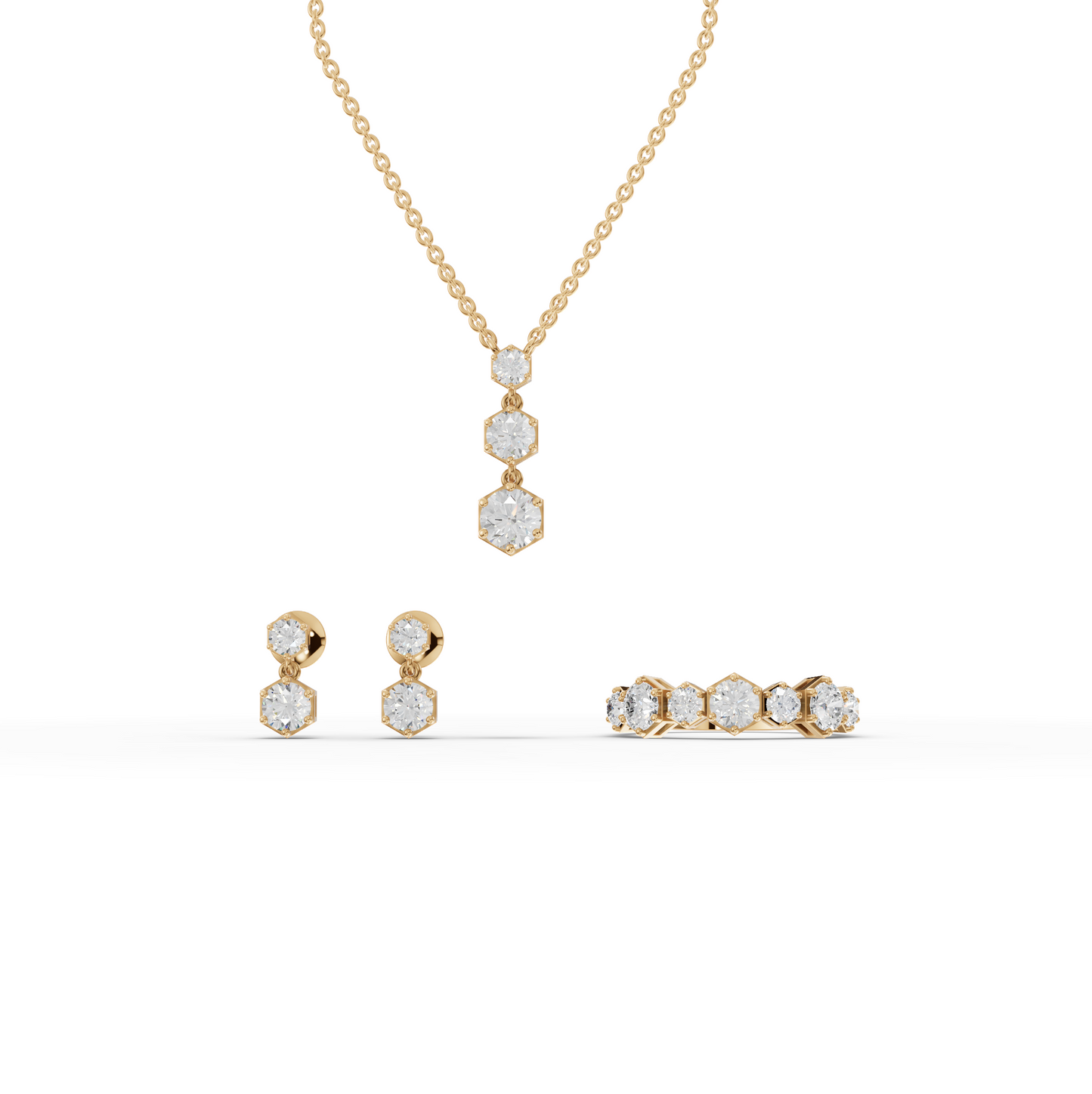 Hexagon Lab Diamond Jewelry Set with Drop Earrings & Eternity Band