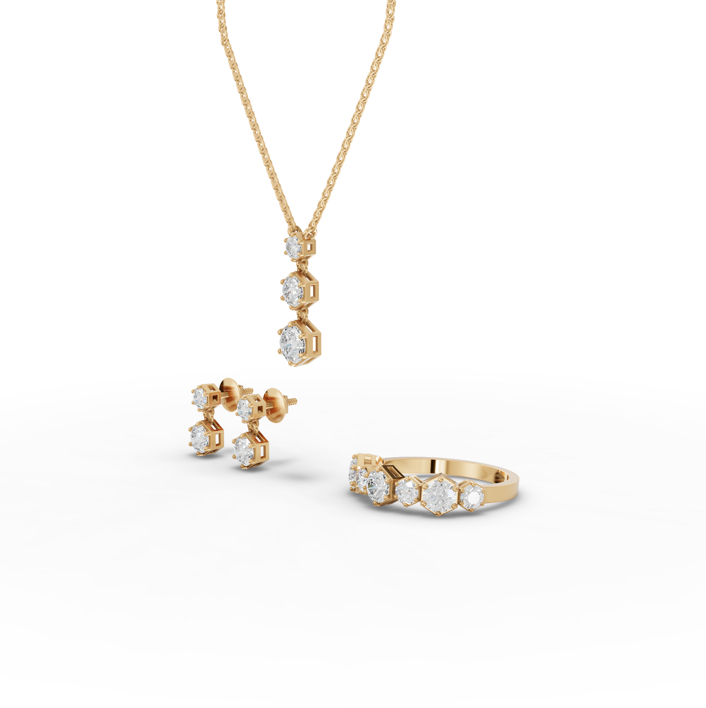 Hexagon Lab Diamond Jewelry Set with Drop Earrings & Eternity Band
