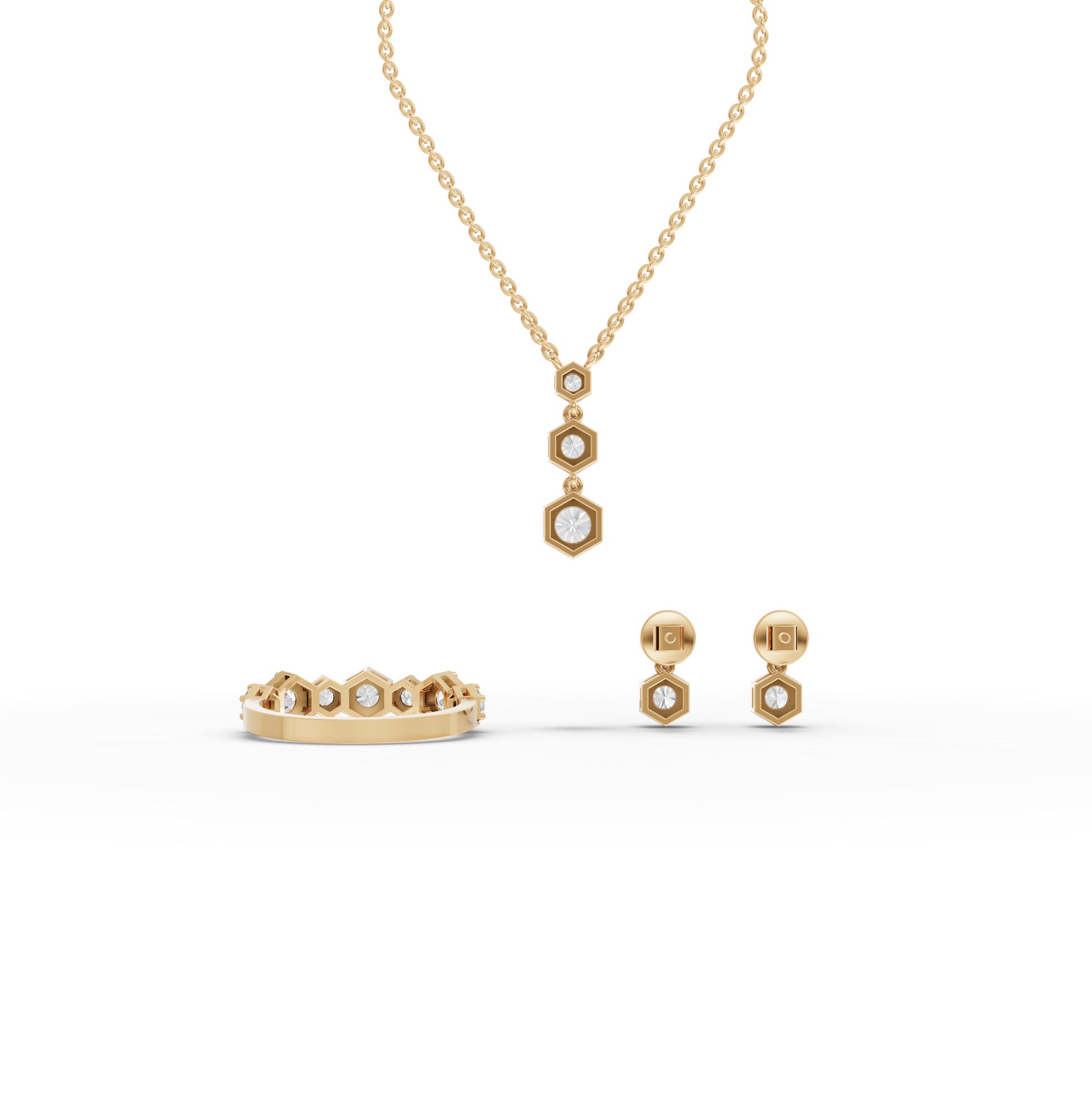 Hexagon Lab Diamond Jewelry Set with Drop Earrings & Eternity Band
