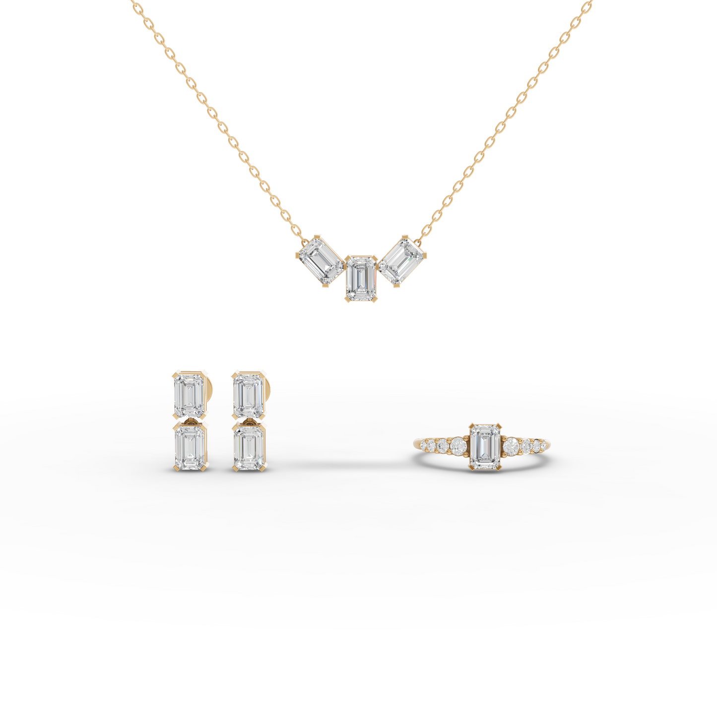 Emerald-Cut Lab Diamond Jewelry Set with Ring, Drop Earrings & Necklace