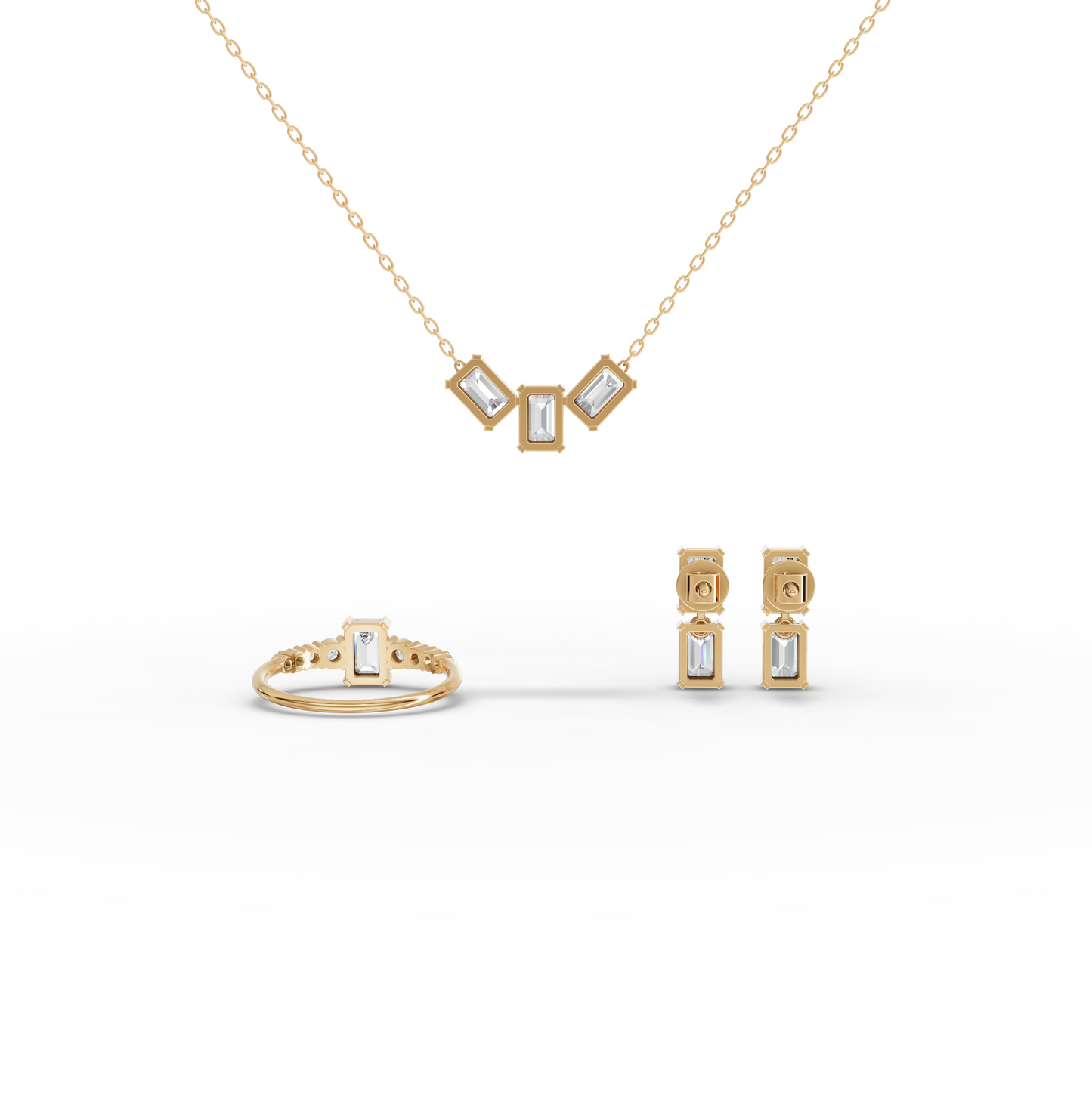 Emerald-Cut Lab Diamond Jewelry Set with Ring, Drop Earrings & Necklace