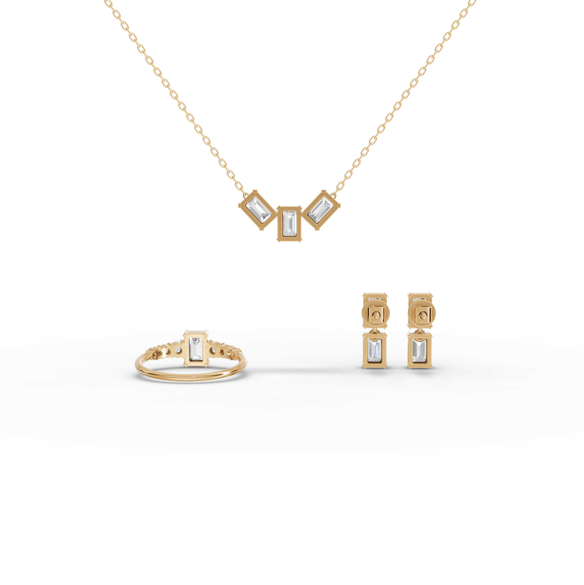 Emerald-Cut Lab Diamond Jewelry Set with Ring, Drop Earrings & Necklace
