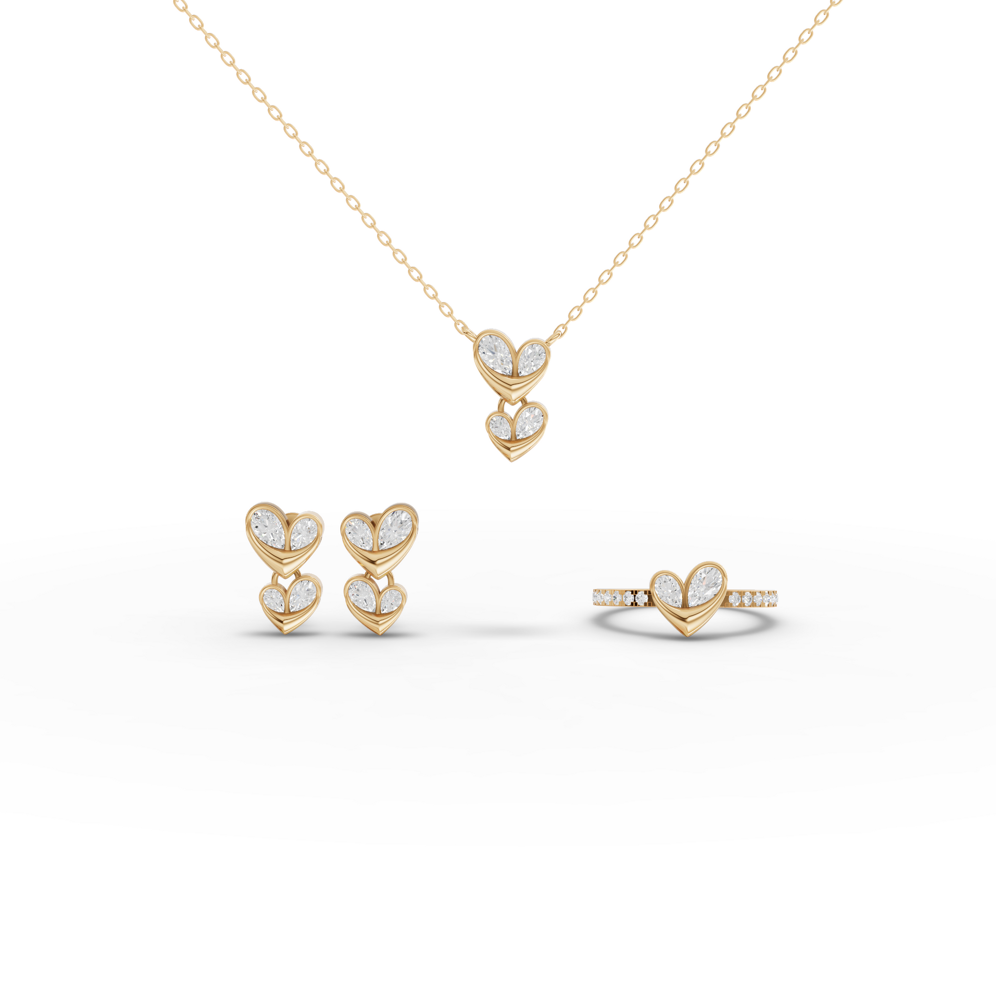 Double Heart Lab Diamond Jewelry Set with Ring, Earrings & Necklace