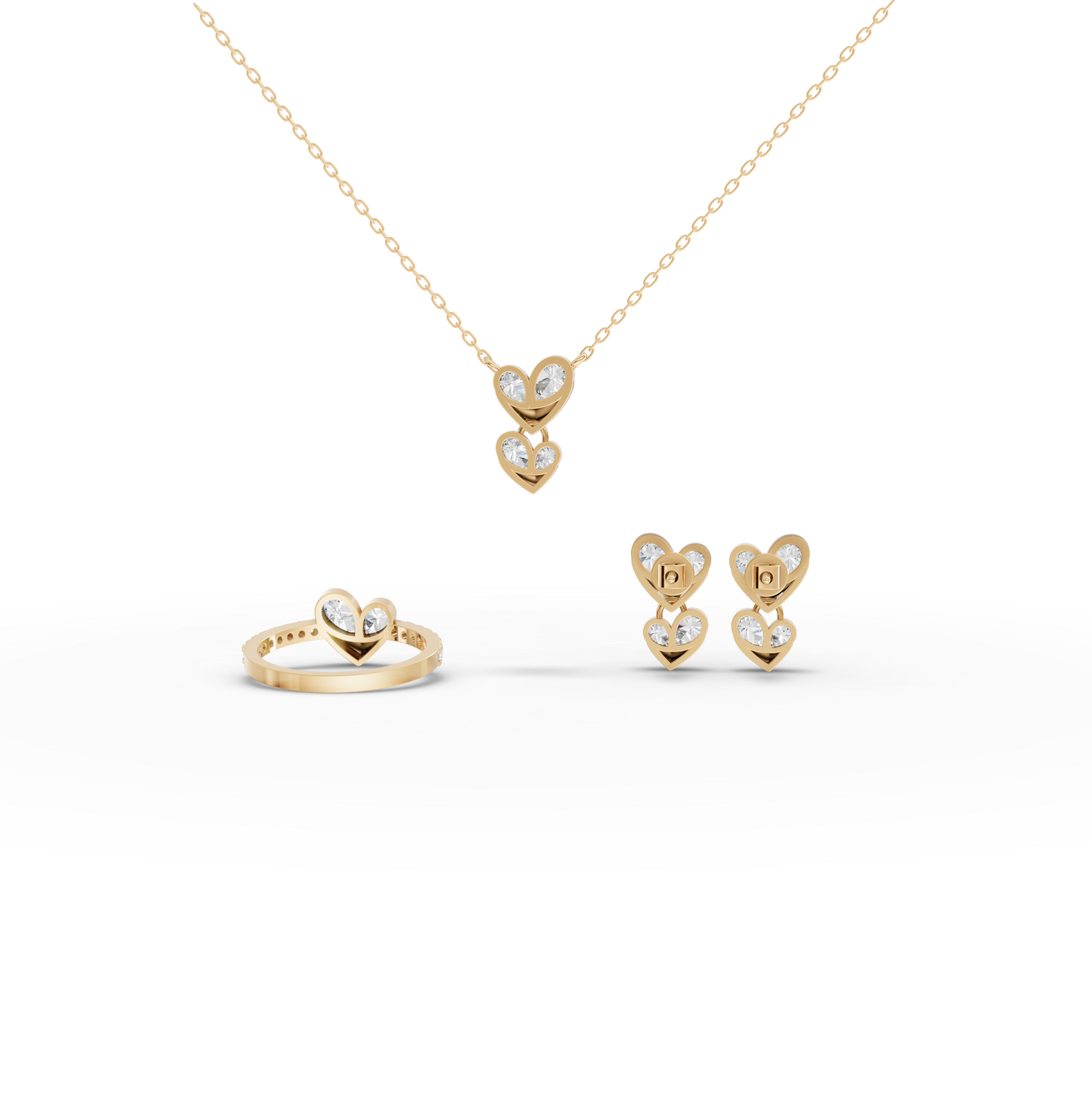 Double Heart Lab Diamond Jewelry Set with Ring, Earrings & Necklace