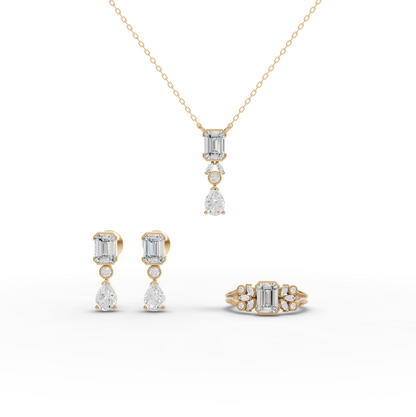 Emerald & Pear Lab Diamond Jewelry Set with Necklace, Earrings & Cluster Ring
