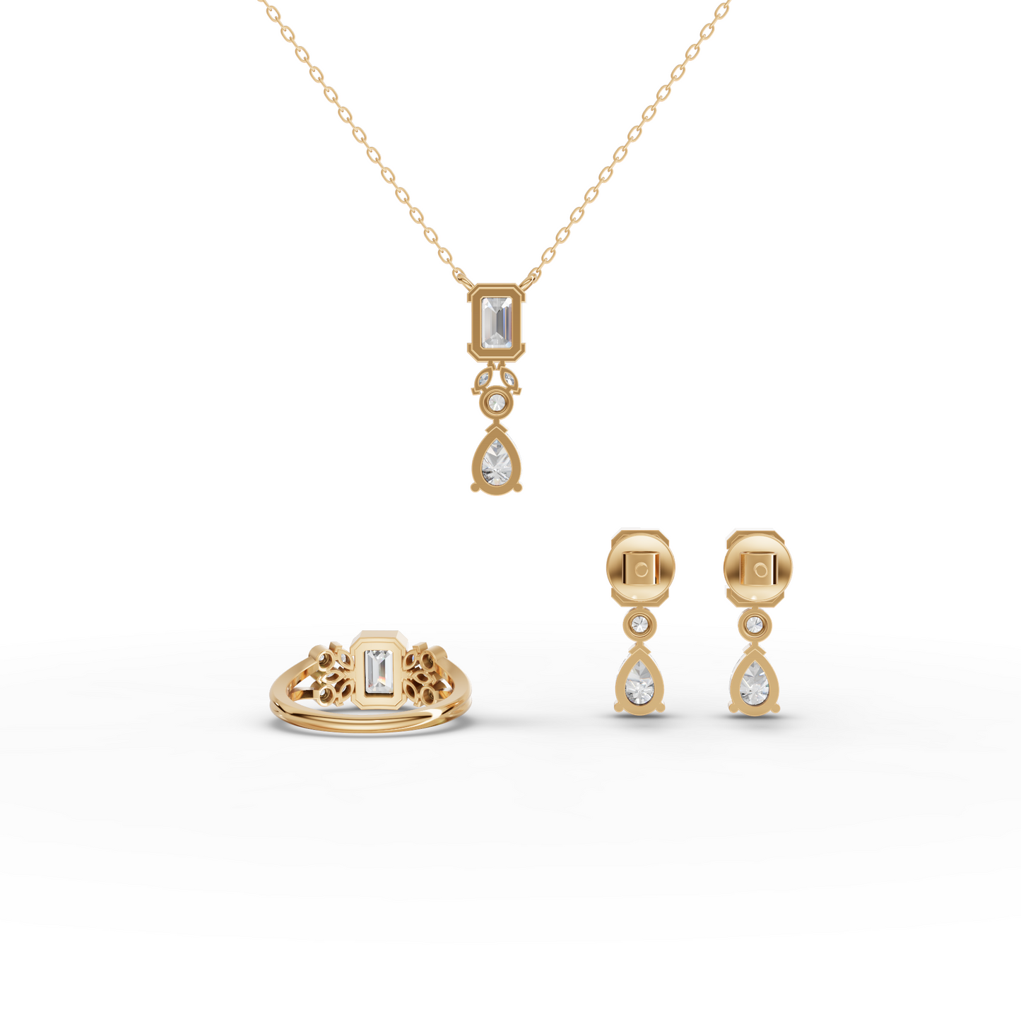 Emerald & Pear Lab Diamond Jewelry Set with Necklace, Earrings & Cluster Ring