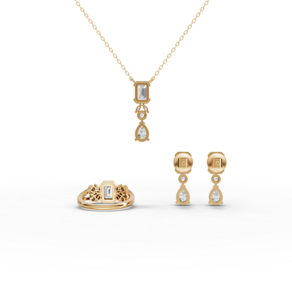 Emerald & Pear Lab Diamond Jewelry Set with Necklace, Earrings & Cluster Ring