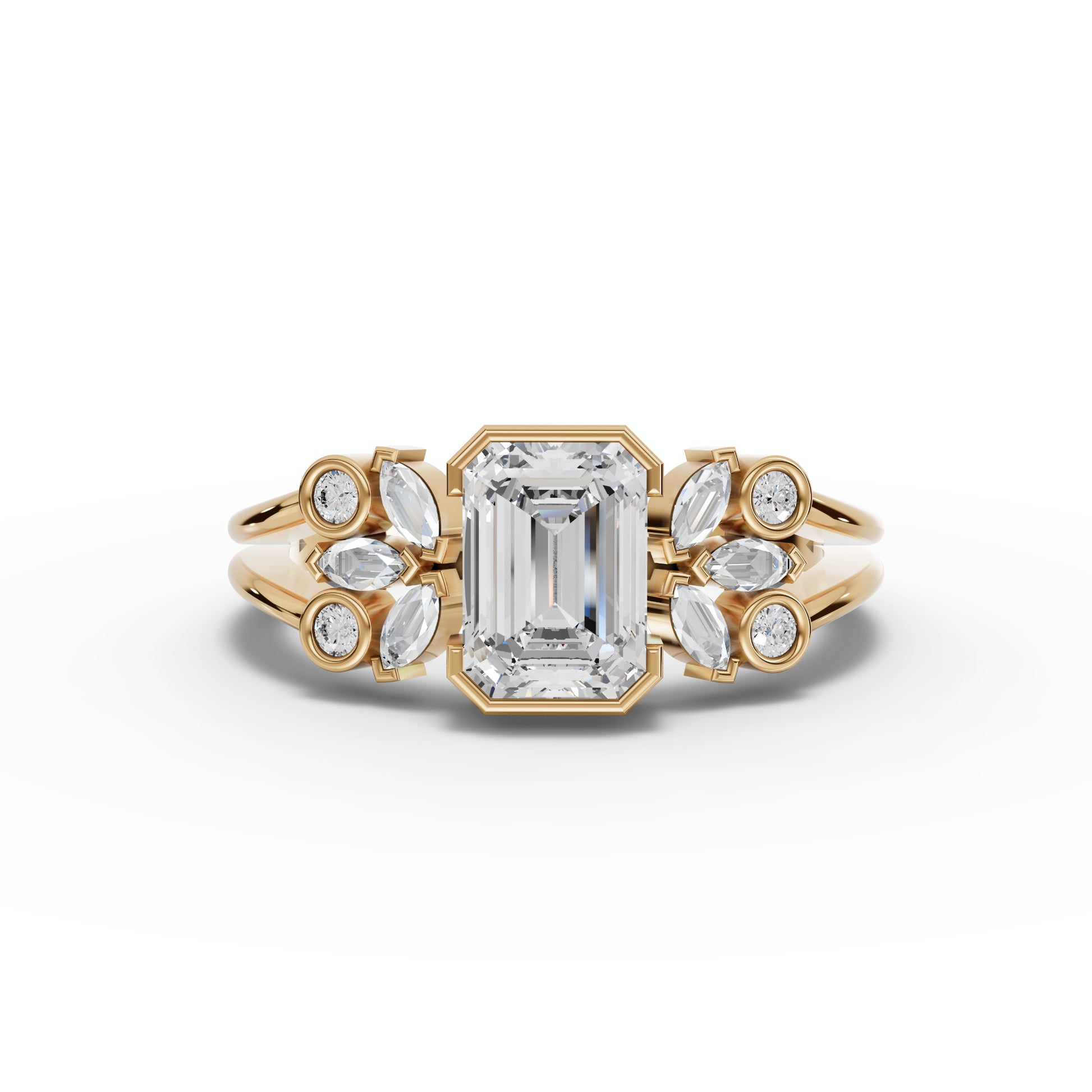 Emerald Solitaire Floral Side Cluster Moissanite Diamond Ring