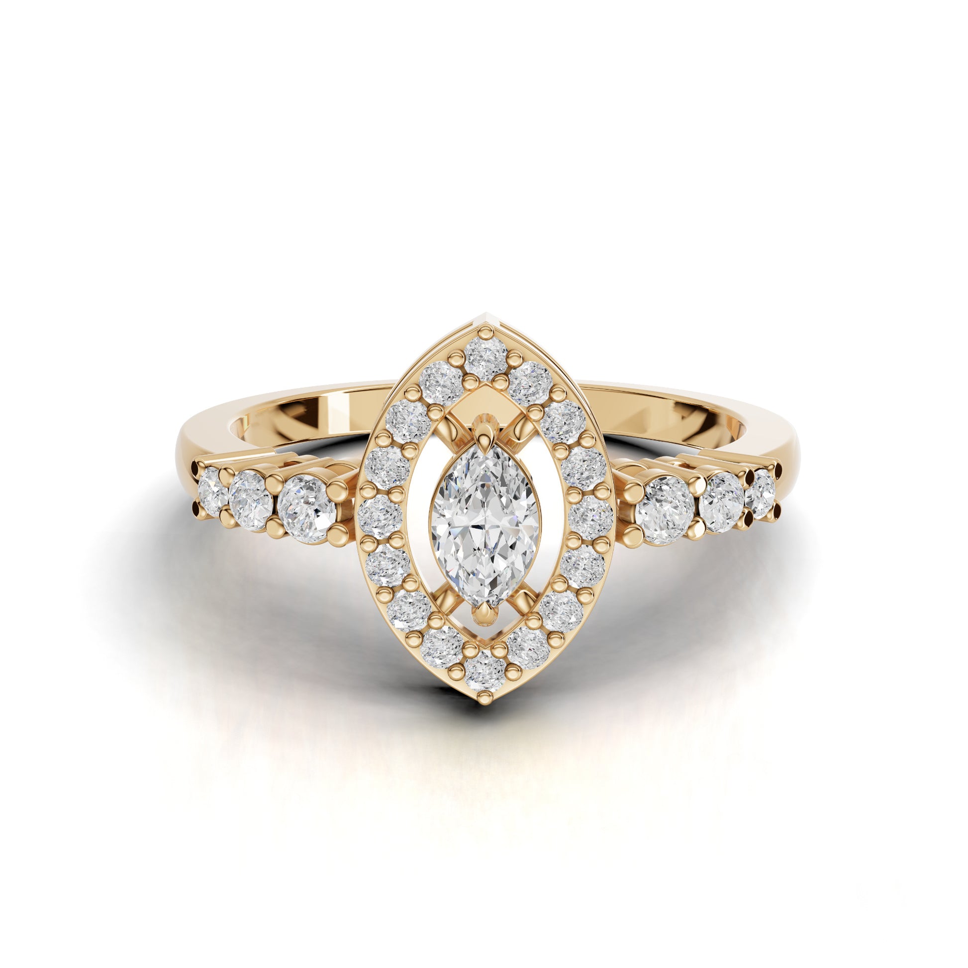 Marquise Halo Moissanite Diamond Ring With Pavé Band
