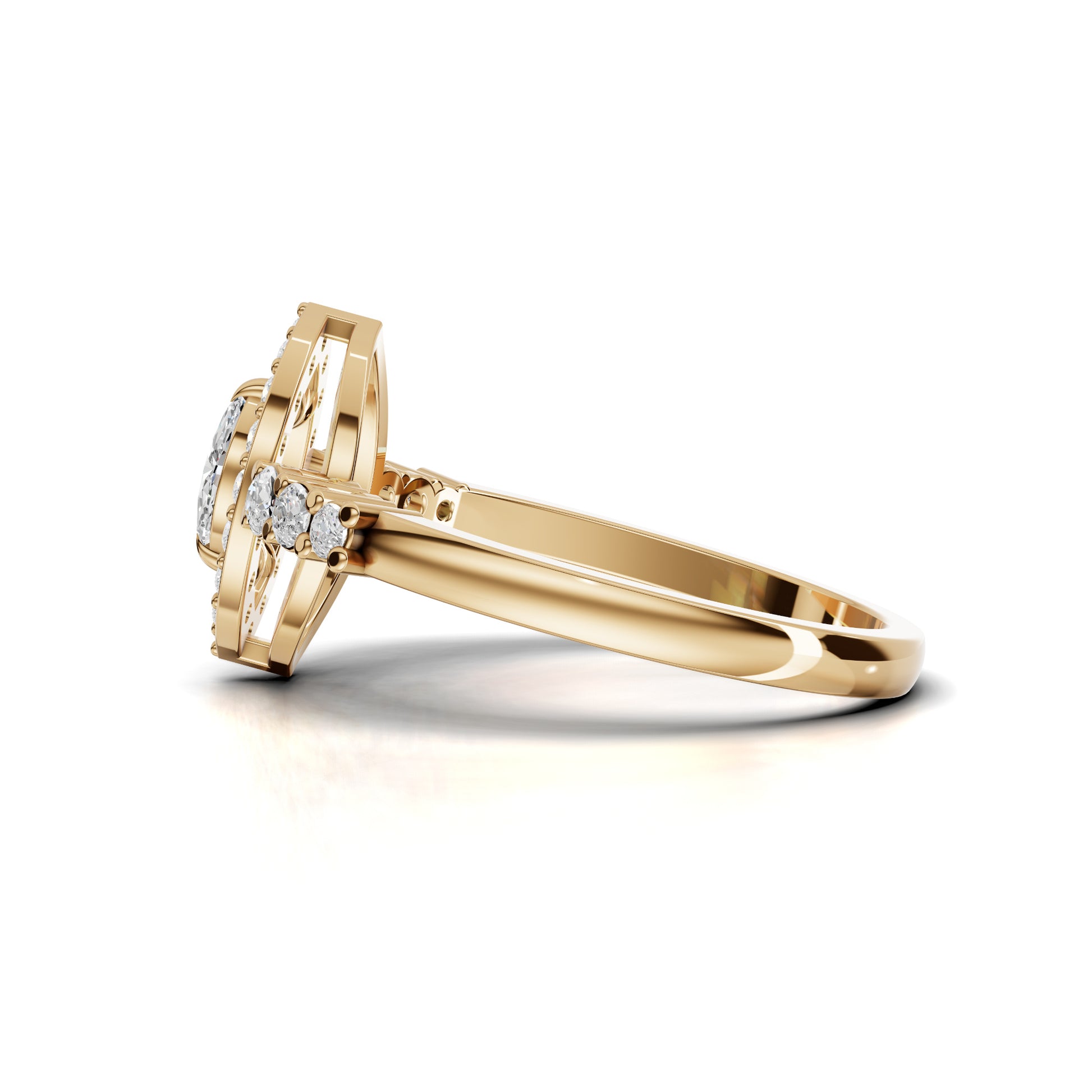 Marquise Halo Moissanite Diamond Ring With Pavé Band