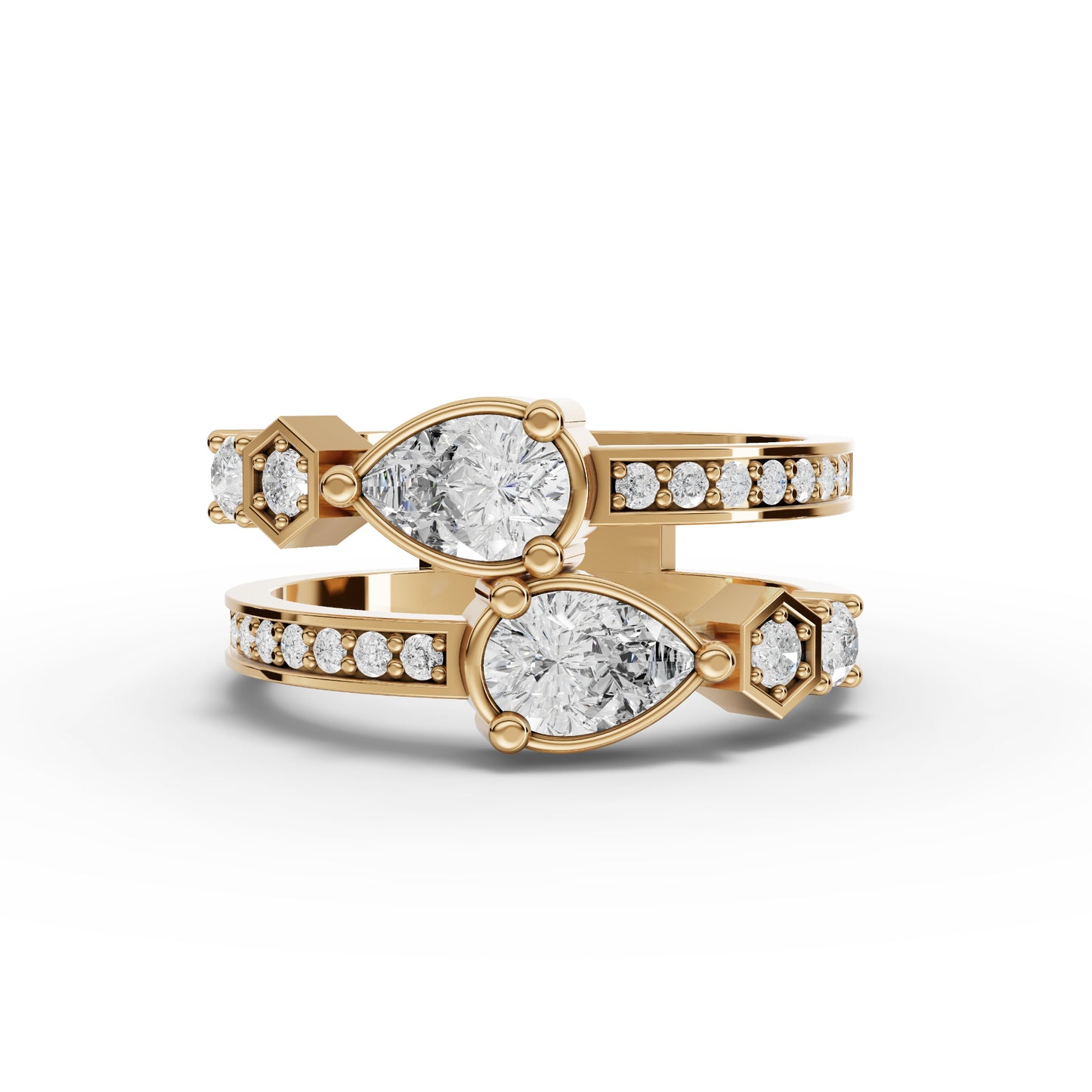 Pear Open Wrap Moissanite Diamond Ring With Hexagon Accents