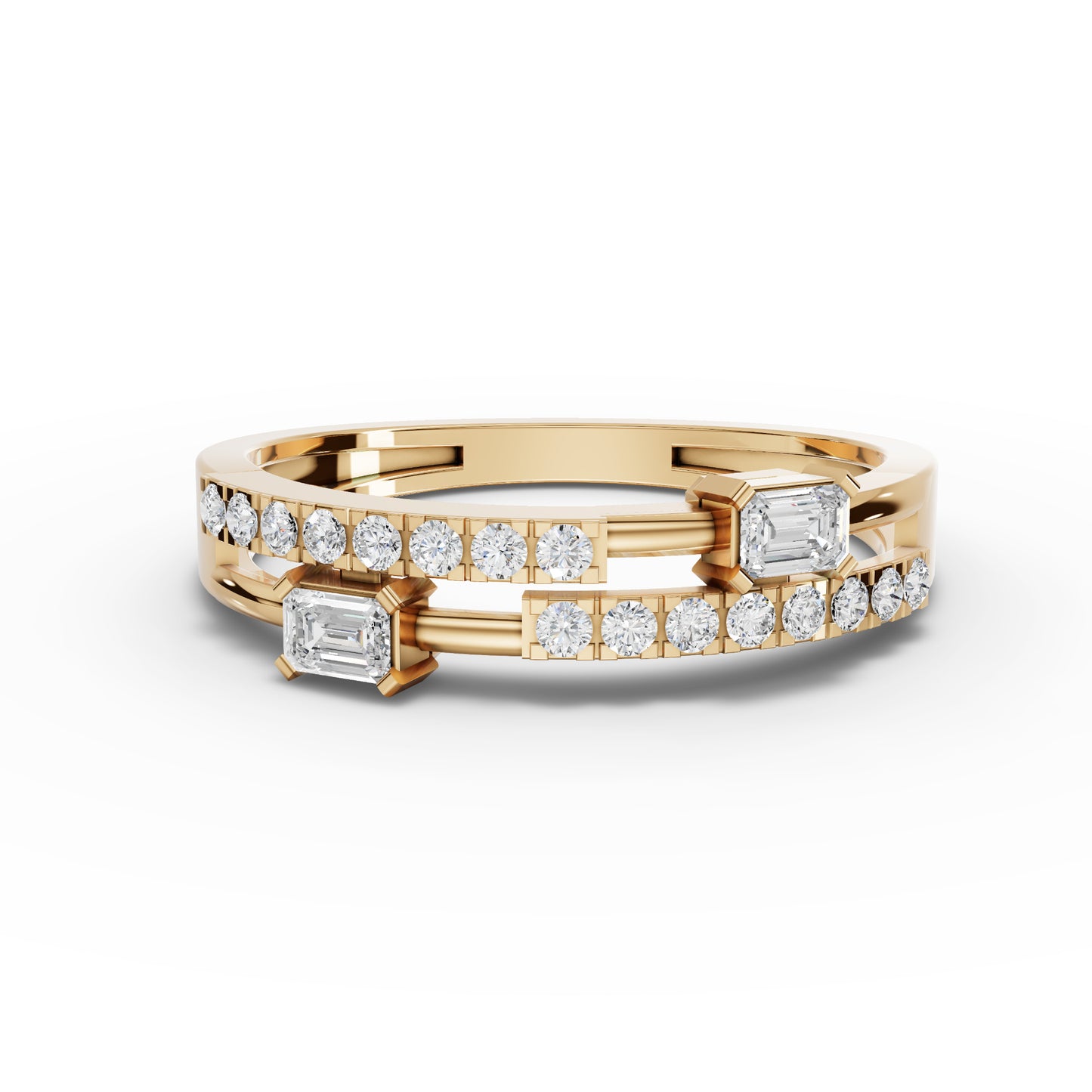 Emerald-Cut Station Pavé Moissanite Diamond Bypass Ring