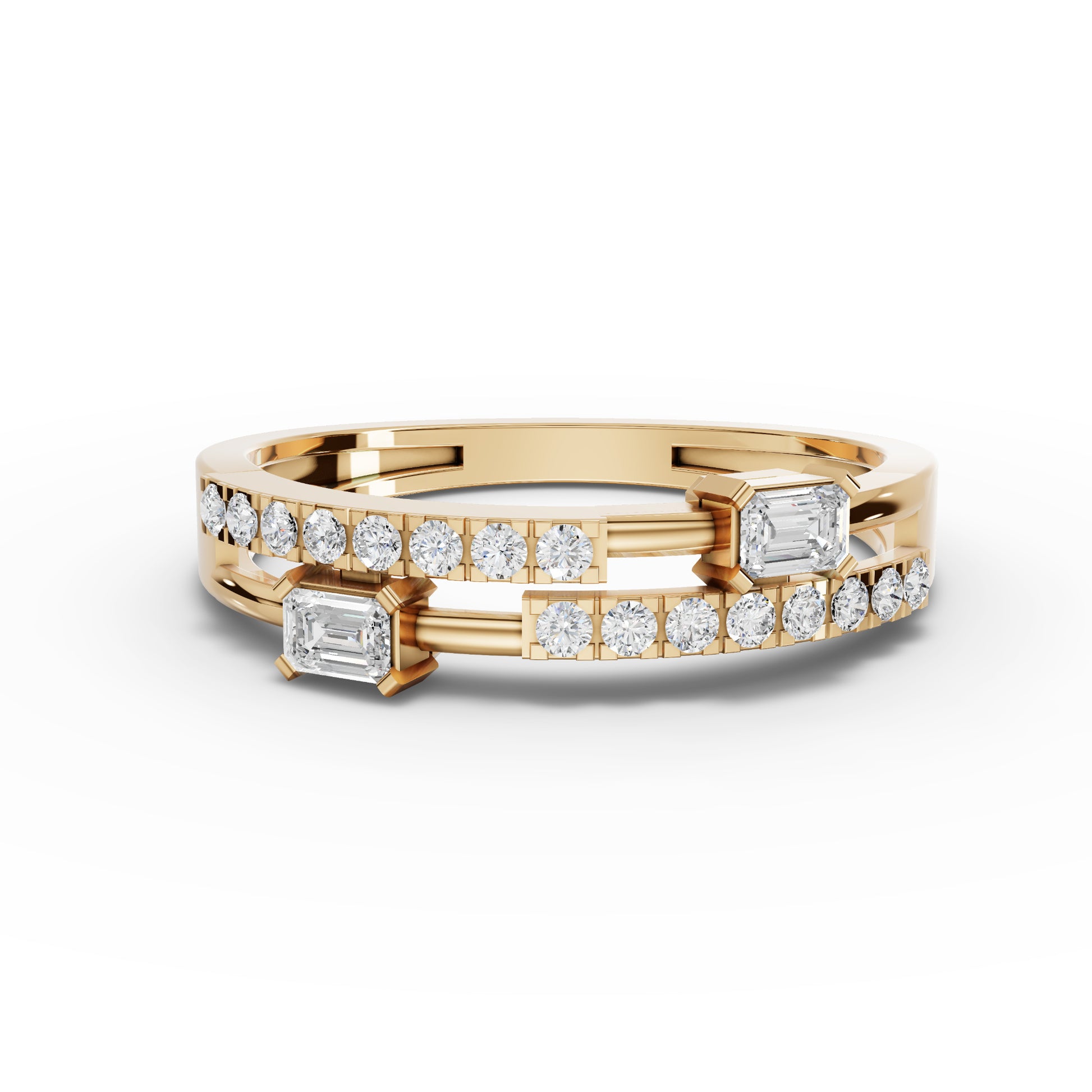 Emerald-Cut Station Pavé Moissanite Diamond Bypass Ring