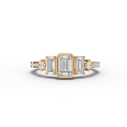 Three Stone Emerald Moissanite Diamond Accent Ring