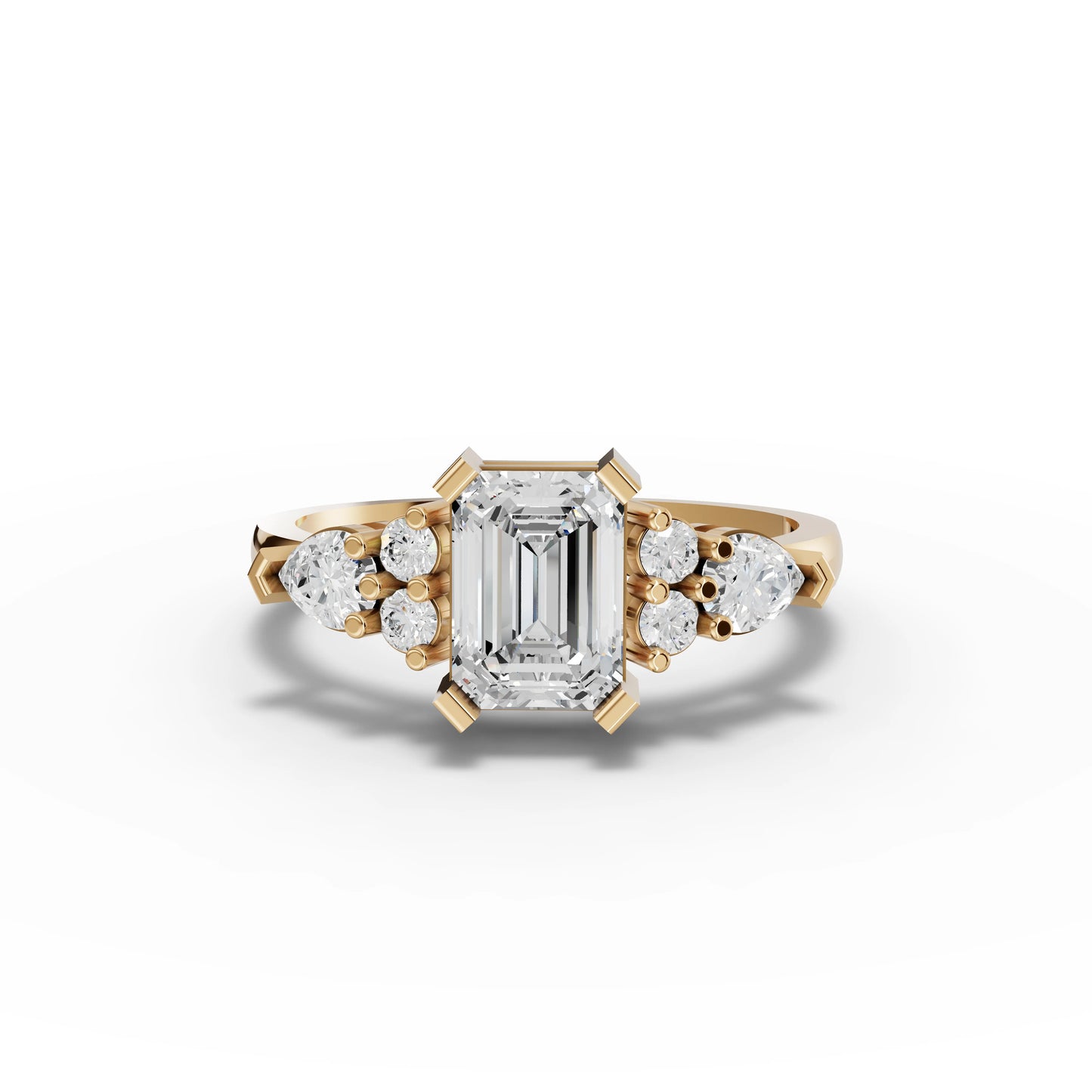 Emerald Moissanite Diamond Ring With Pear Cluster Accents